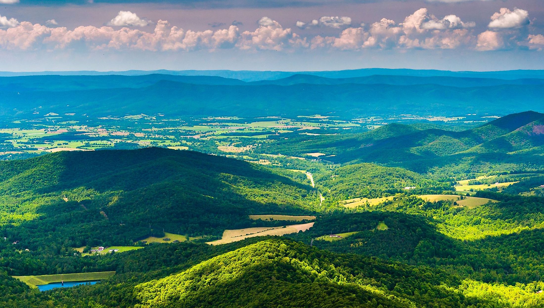 Clouds cast shadows over the Blue Ridge Mountains and Shenandoah Valley, seen from Shenandoah National Park, Virginia