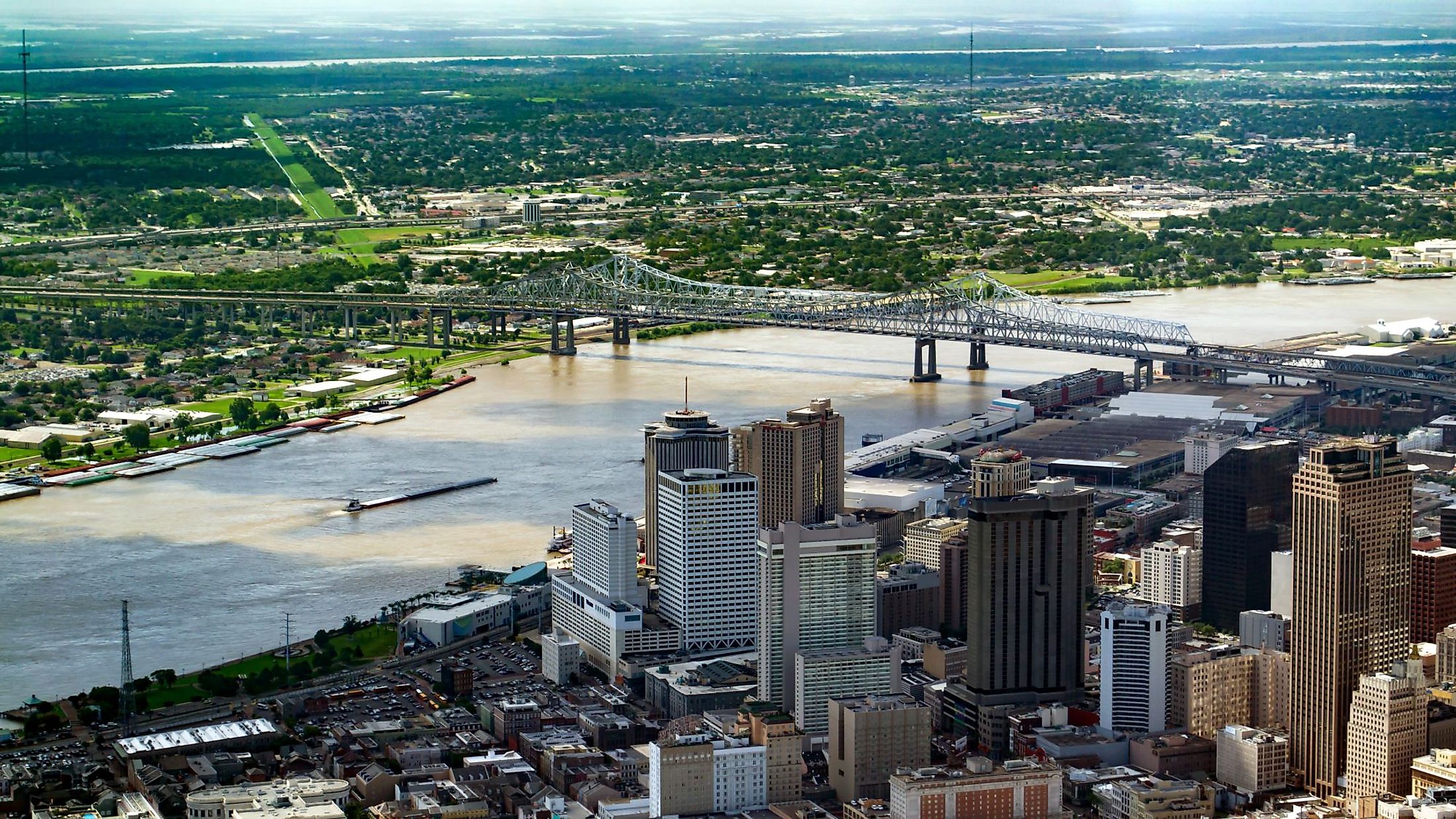 Aerial view of downtown New Orleans, Louisiana and Crescent City Connection Bridge. 