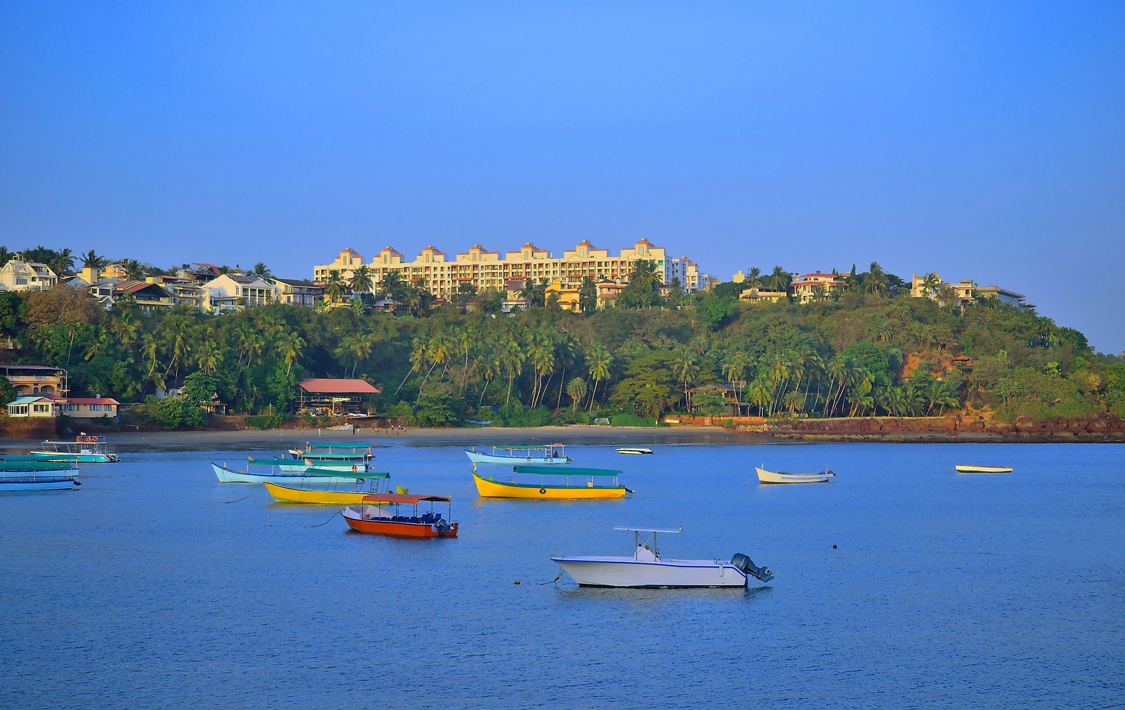 Colorful boats sailing at Dona Paula view point in Panaji, Goa.