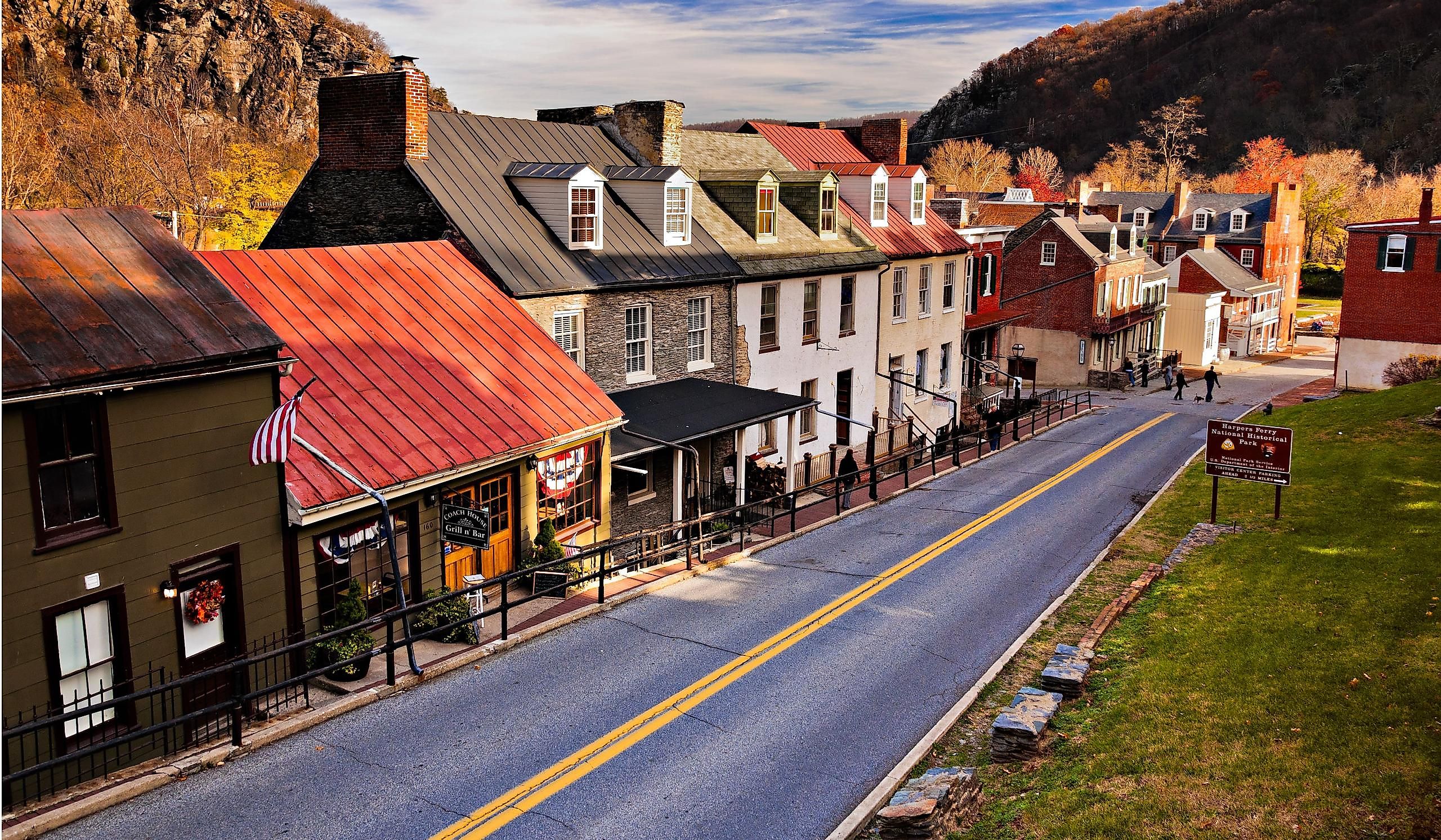 Historic buildings and shops on High Street in Harper's Ferry, West Virginia.