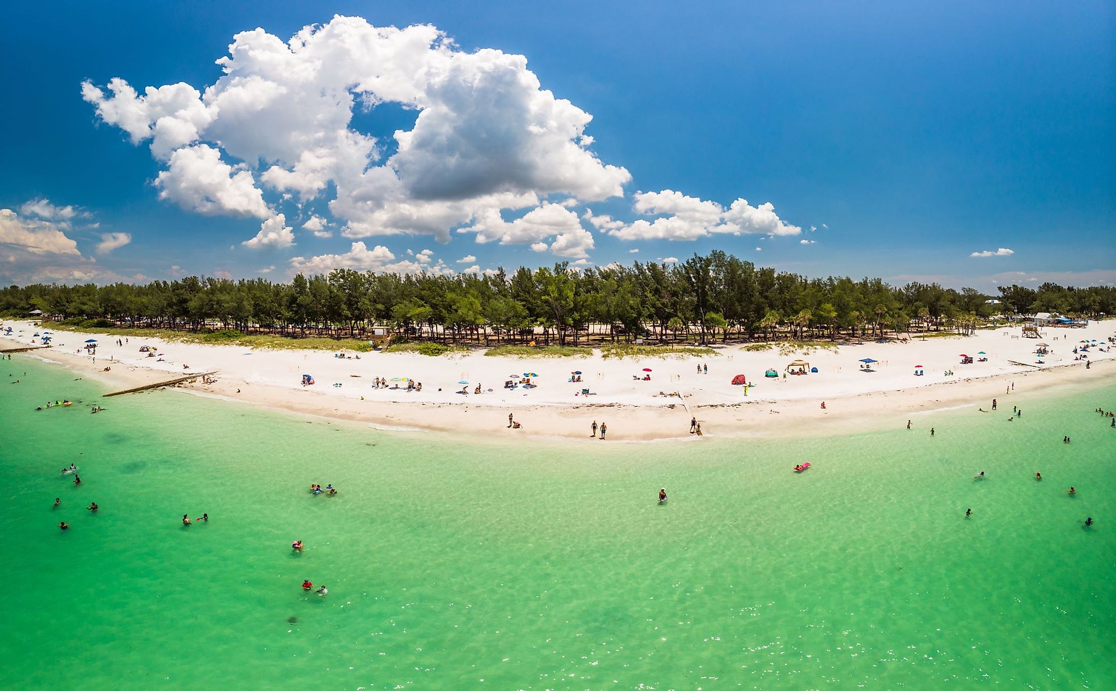 A panoramic summer photo of Coquina Beach in Bradenton Beach, Anna Maria Island, Florida.