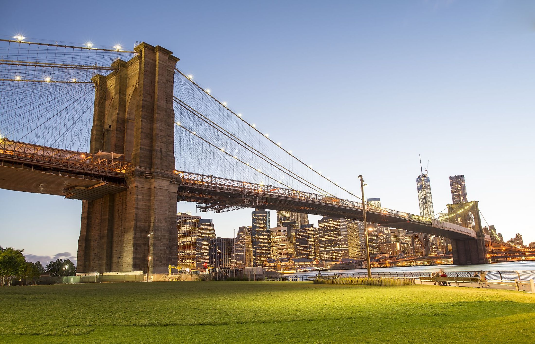 View of the Brooklyn Bridge from the Brooklyn Bridge Park in New York City.