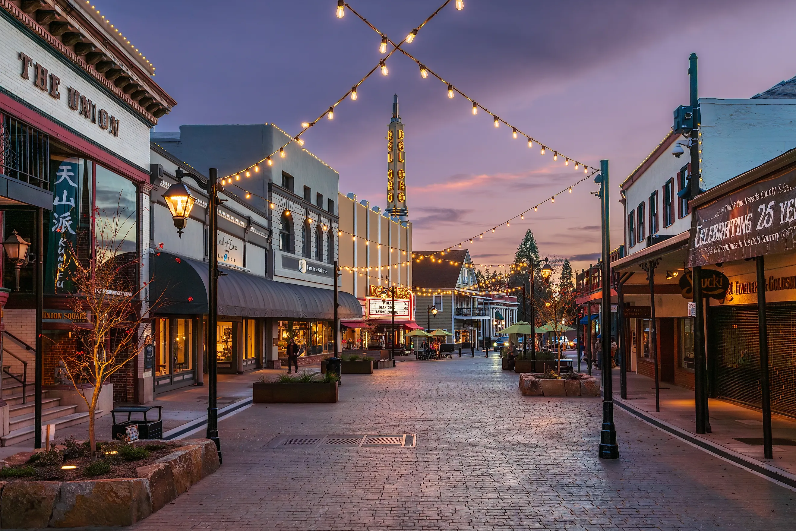 The Plaza on Mill Street at dusk in Grass Valley, California.