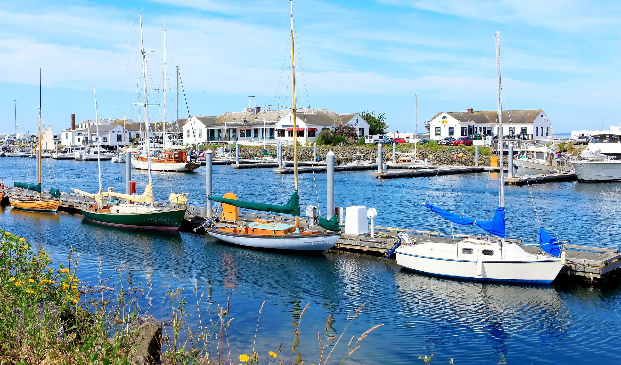 Port Townsend, WA. Downtown marina with boats and historical buildings.