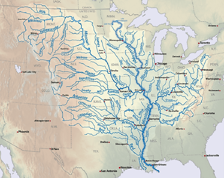 Map of the Mississipi River watershed, with its many tributaries and ultimate outflow into the Gulf of Mexico.