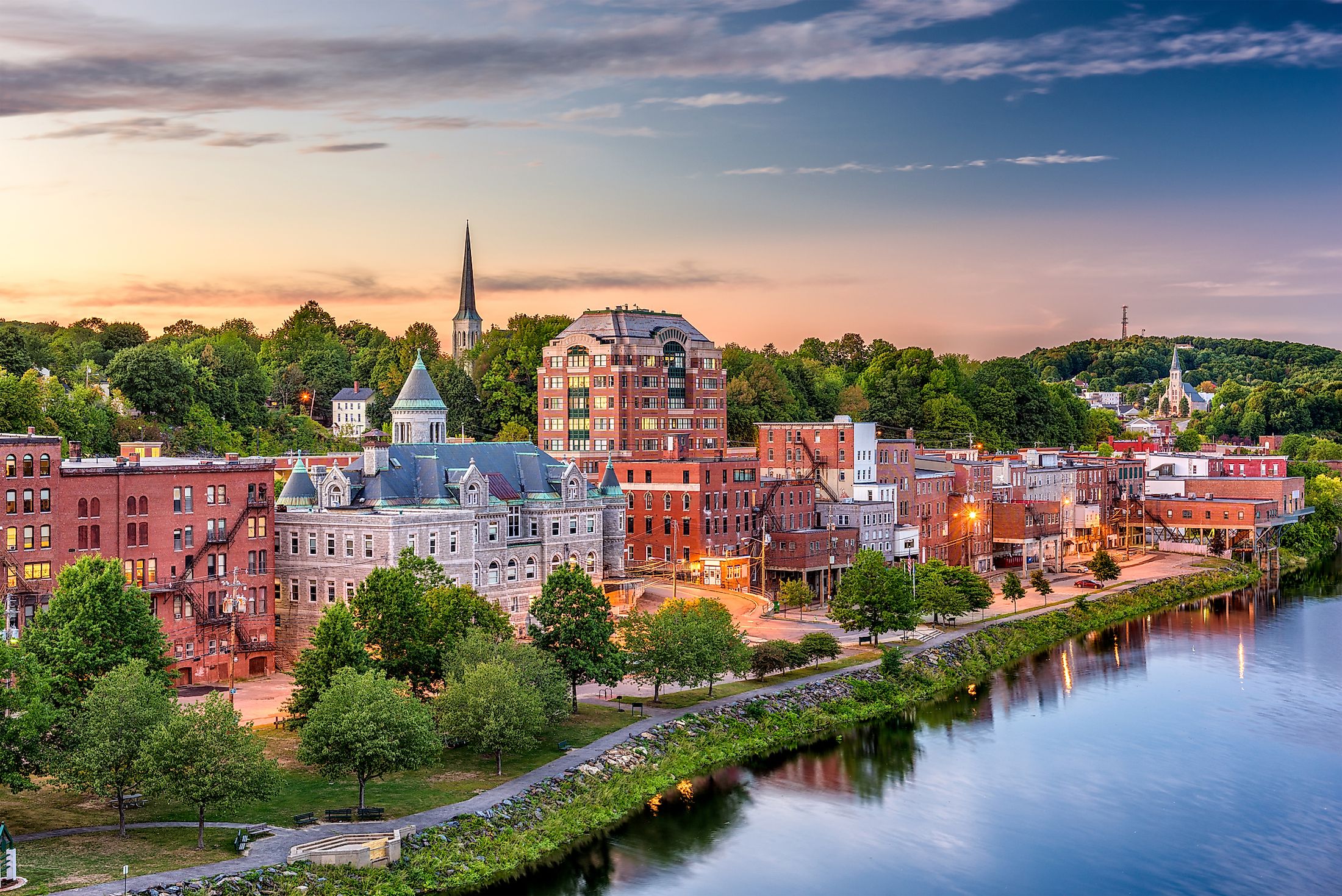 Augusta, Maine, downtown skyline on the Kennebec River. 