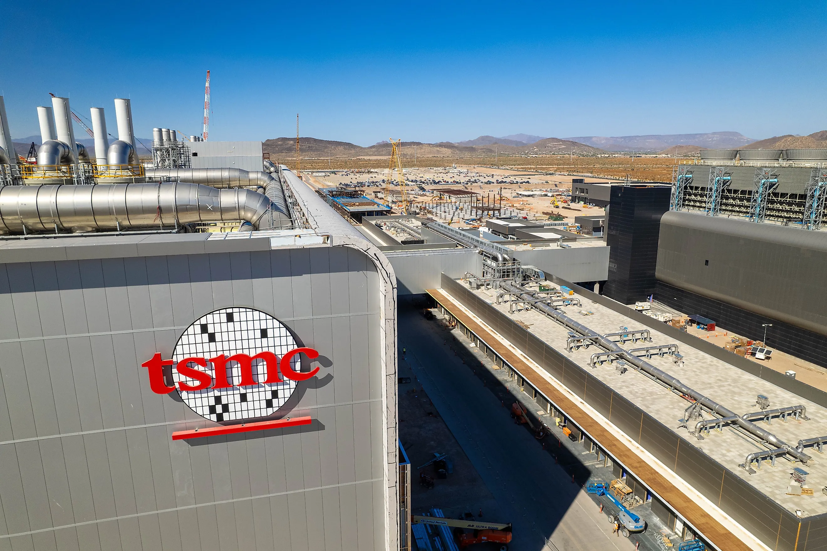 An aerial view of the Taiwan Semiconductors Mega Factory construction in North Phoenix, Arizona