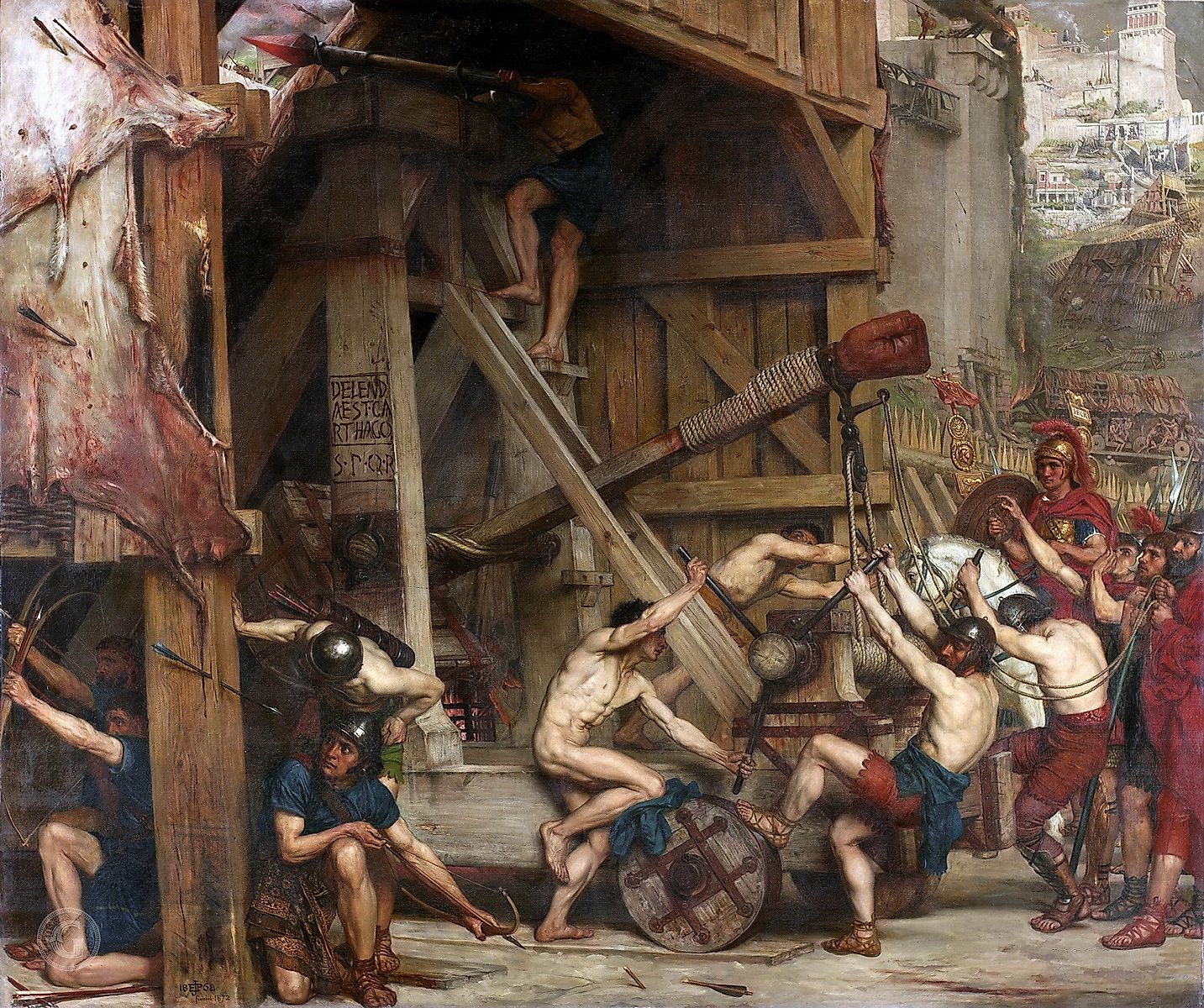 Depiction of Roman soldiers manning a catapult for the attack on Carthage. By Edward Poynter, Public Domain, Wikimedia Commons.