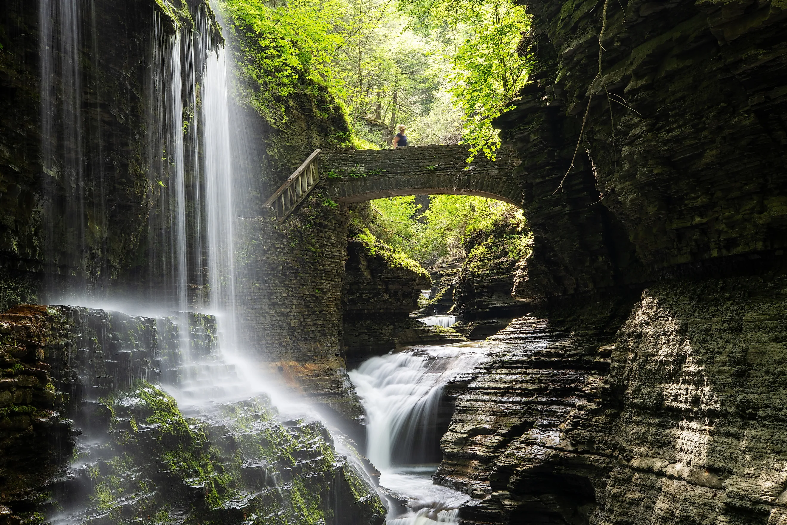 Rainbow Falls with a lady on bridge at Watkins Glen State Park
