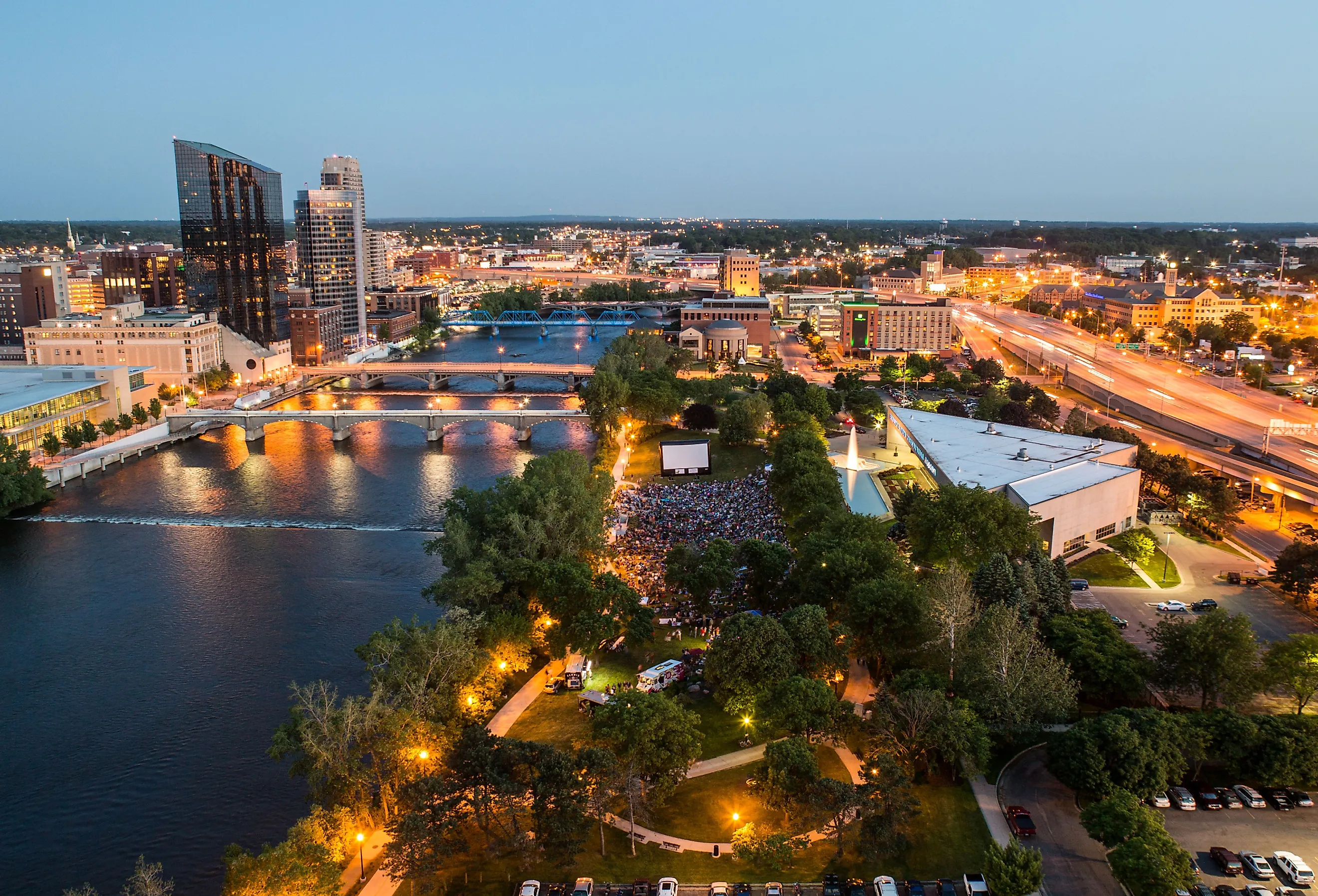 Movies on the Grand River event in Grand Rapids, Michigan at night.