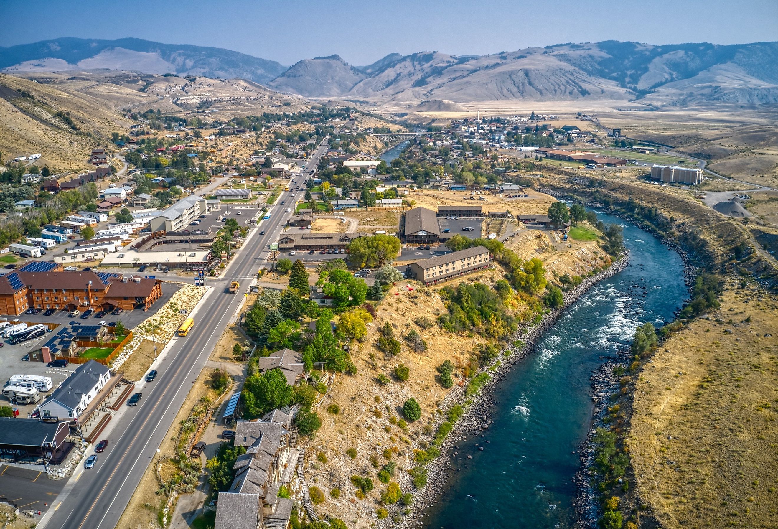 Aerial View of the Town of Gardiner, Montana which borders Yellowstone National Park.