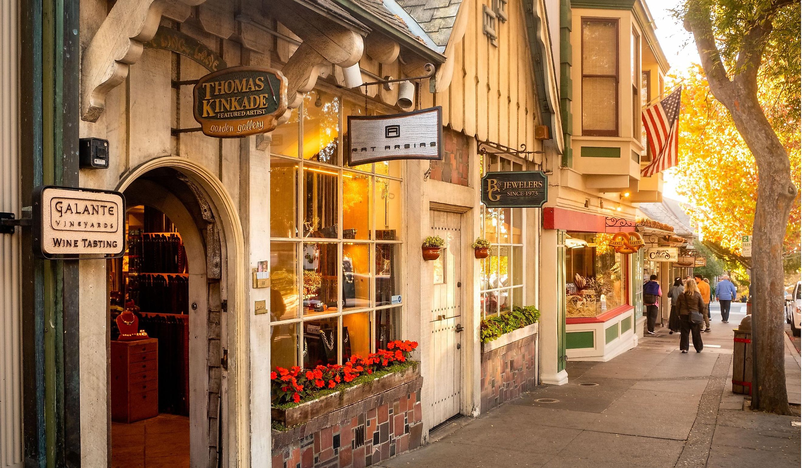 Small stores along the sidewalk in Carmel, California, USA. Editorial Credit: Robert Mullan / Shutterstock.com