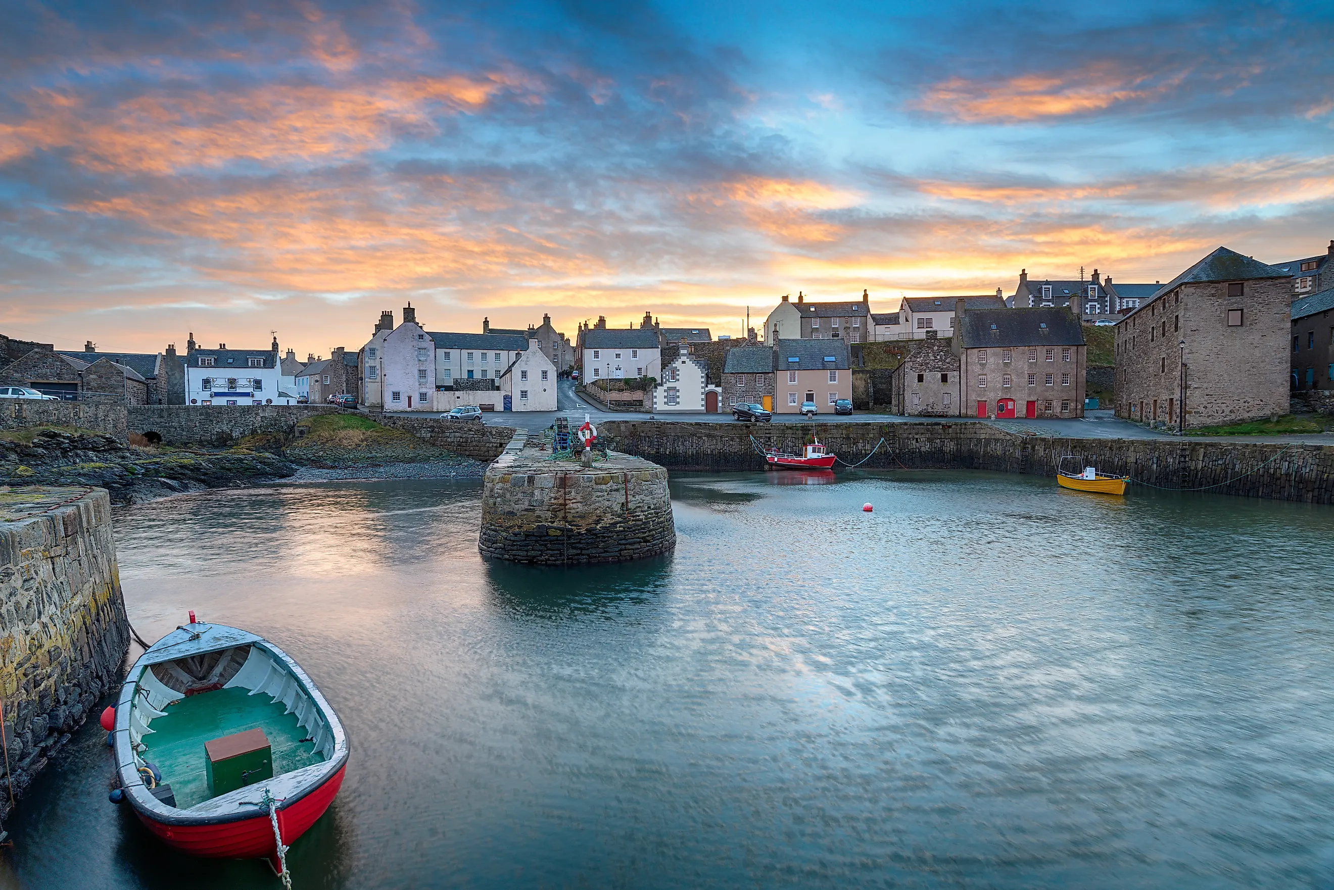 Sunset over Portsoy a fishing village in Aberdeenshire on the east coast of Scotland