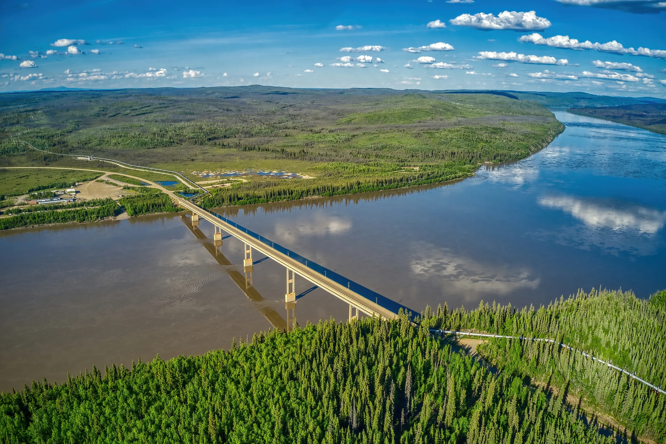 Aerial View of the Bridge and Pipeline Crossing the Yukon River on Alaska's Dalton Highway