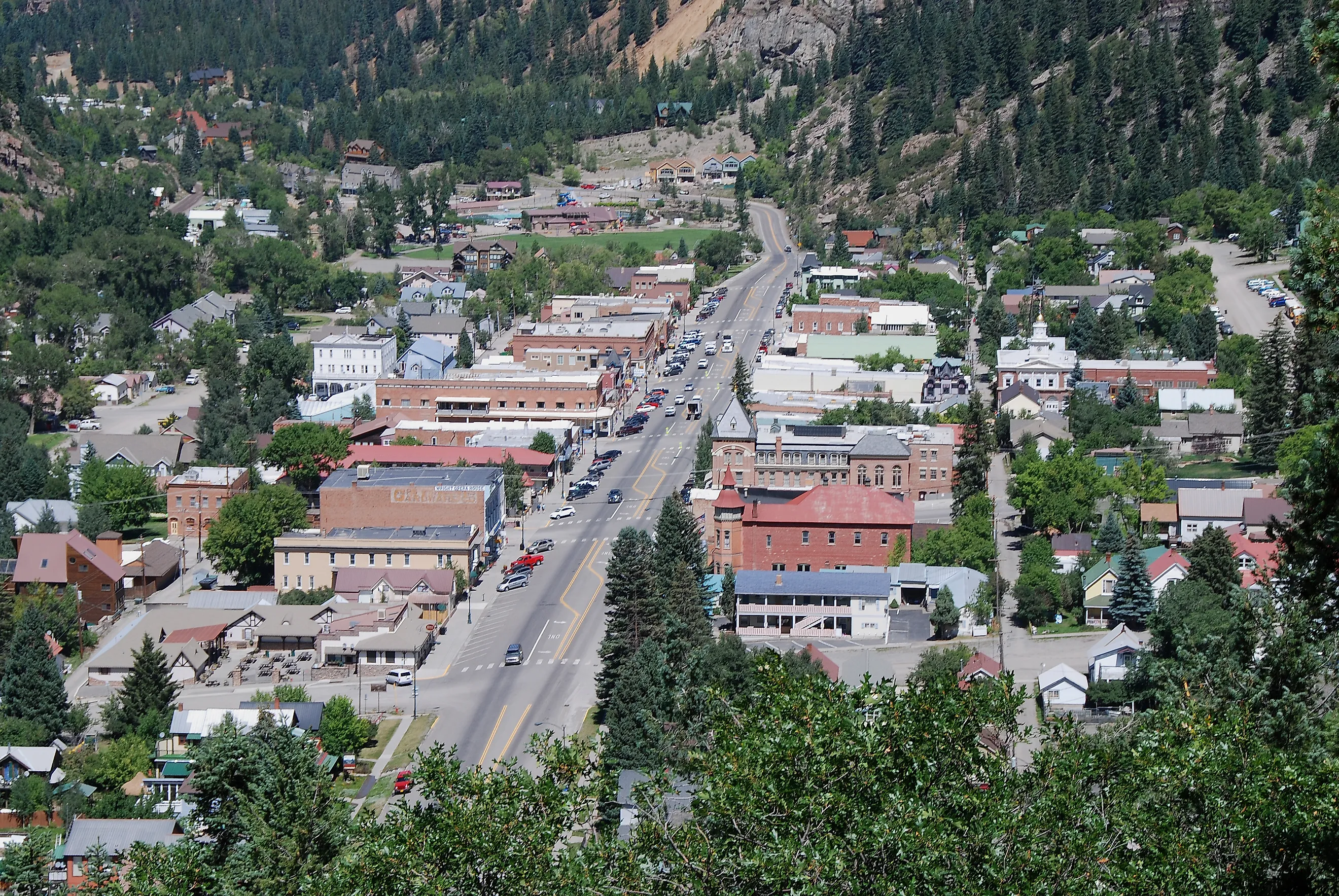 view over the little town of Ouray at the Million Dollar Highway in the Rocky Mountains of Colorado