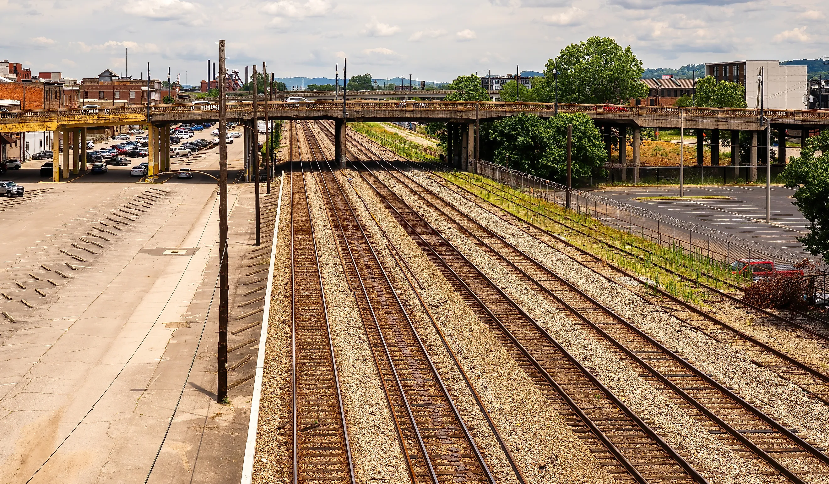 Railroad infrastructure extends through the historic rail corridor in Birmingham, Alabama.