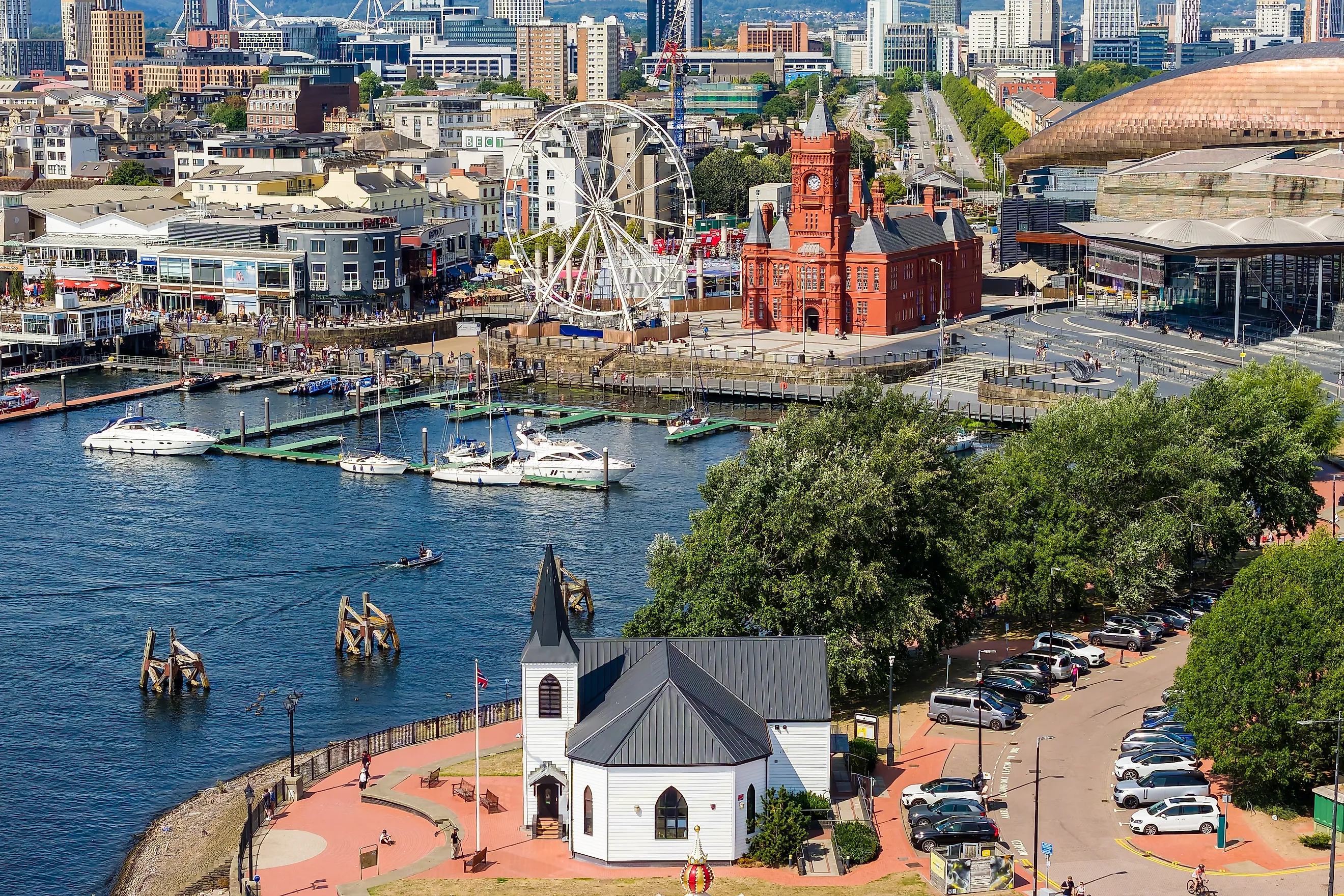 Cardiff, Wales: Aerial drone view of Cardiff Bay showing the Norwegian Church and Pierhead Building.