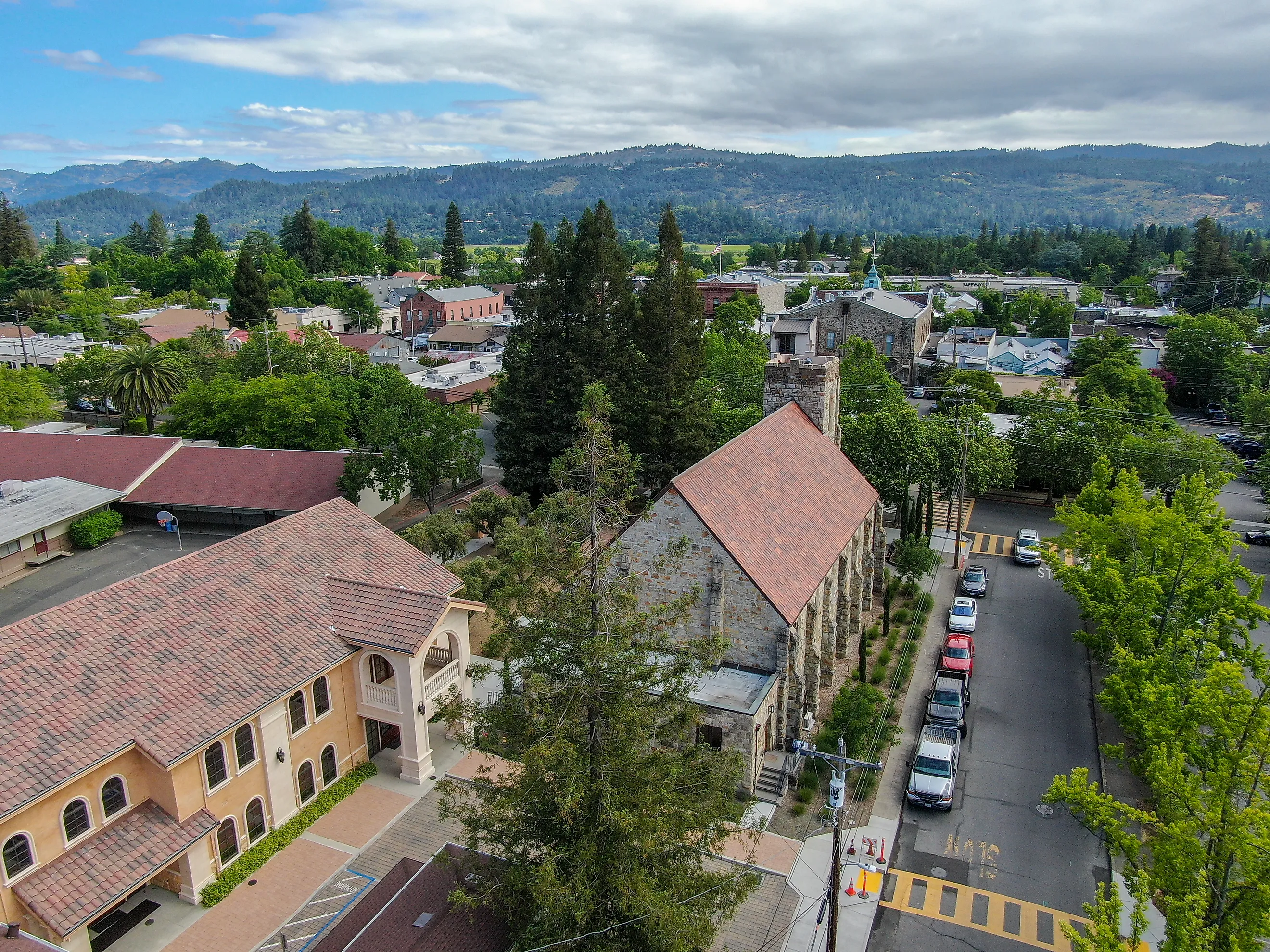 Aerial view of St. Helena Roman Catholic Church in CA. Editorial credit: Unwind / Shutterstock.com