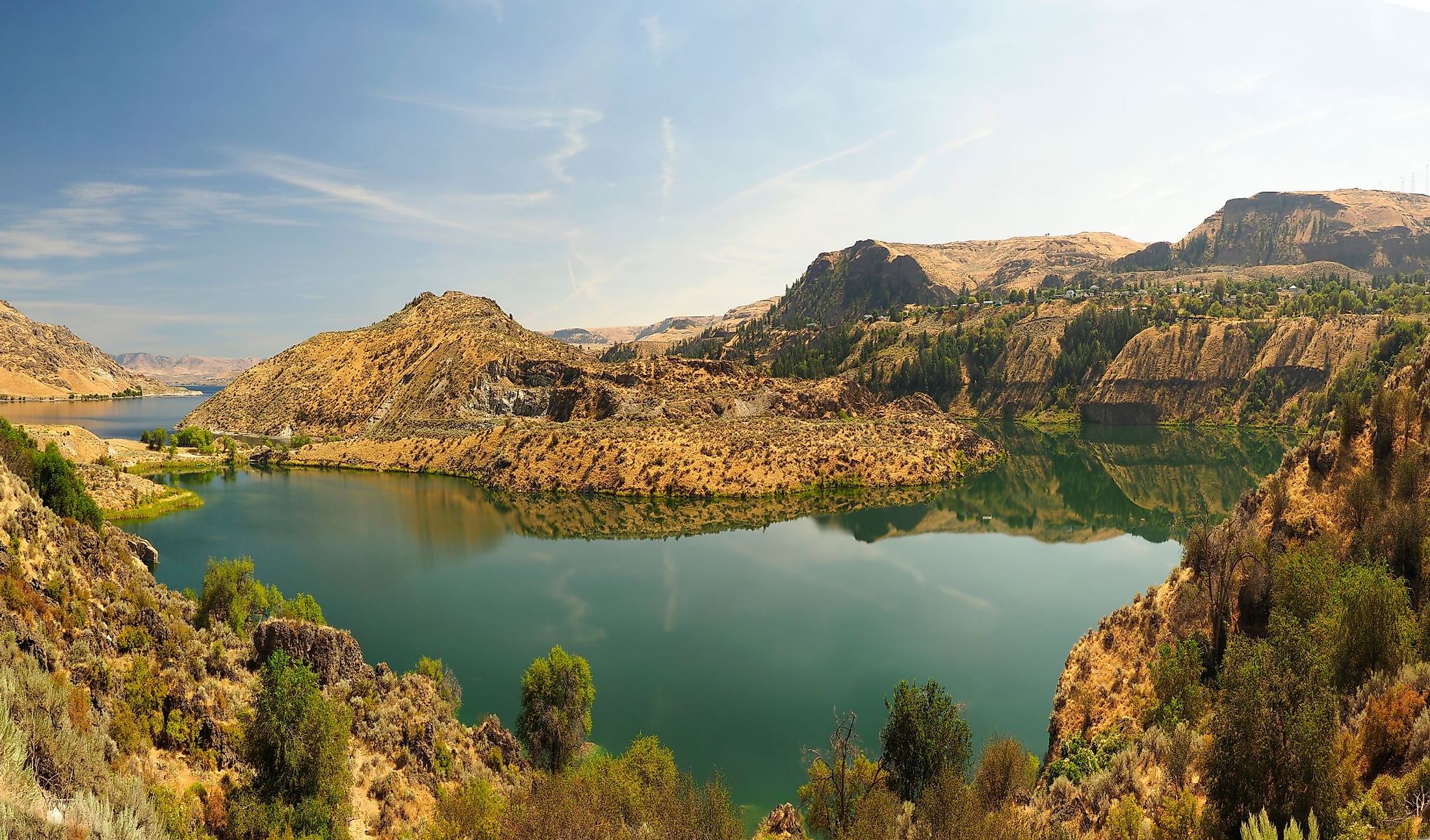 Panorama of Roosevelt Lake created by the Grand Coulee Dam in the US state of Washington.