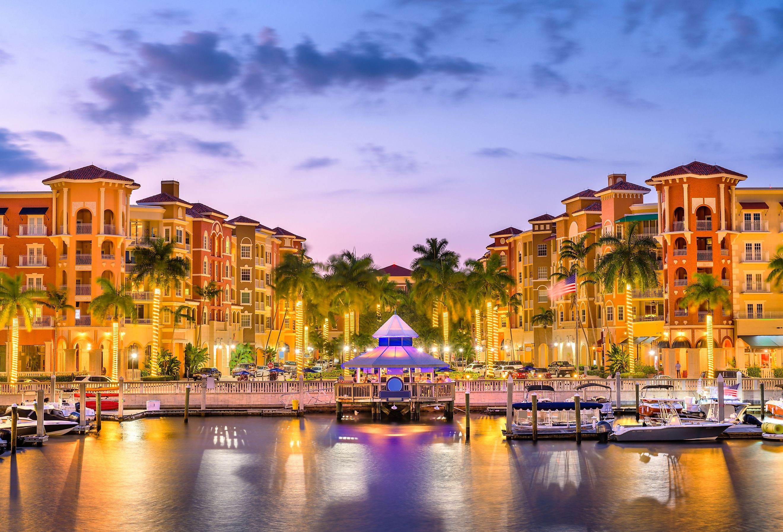 Naples, Florida downtown skyline at dusk.