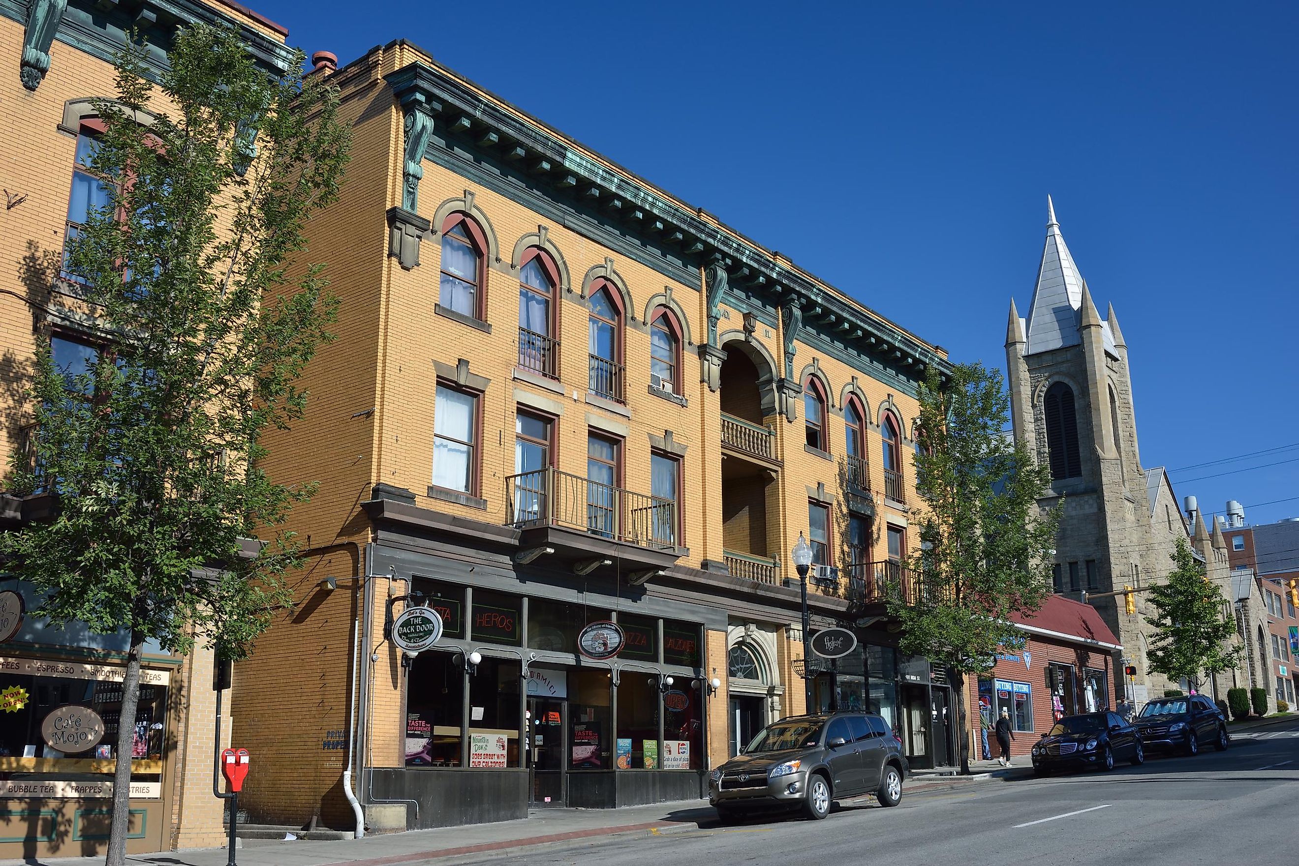 Morgantown, West Virginia: Street view of Morgantown with people on sidewalk