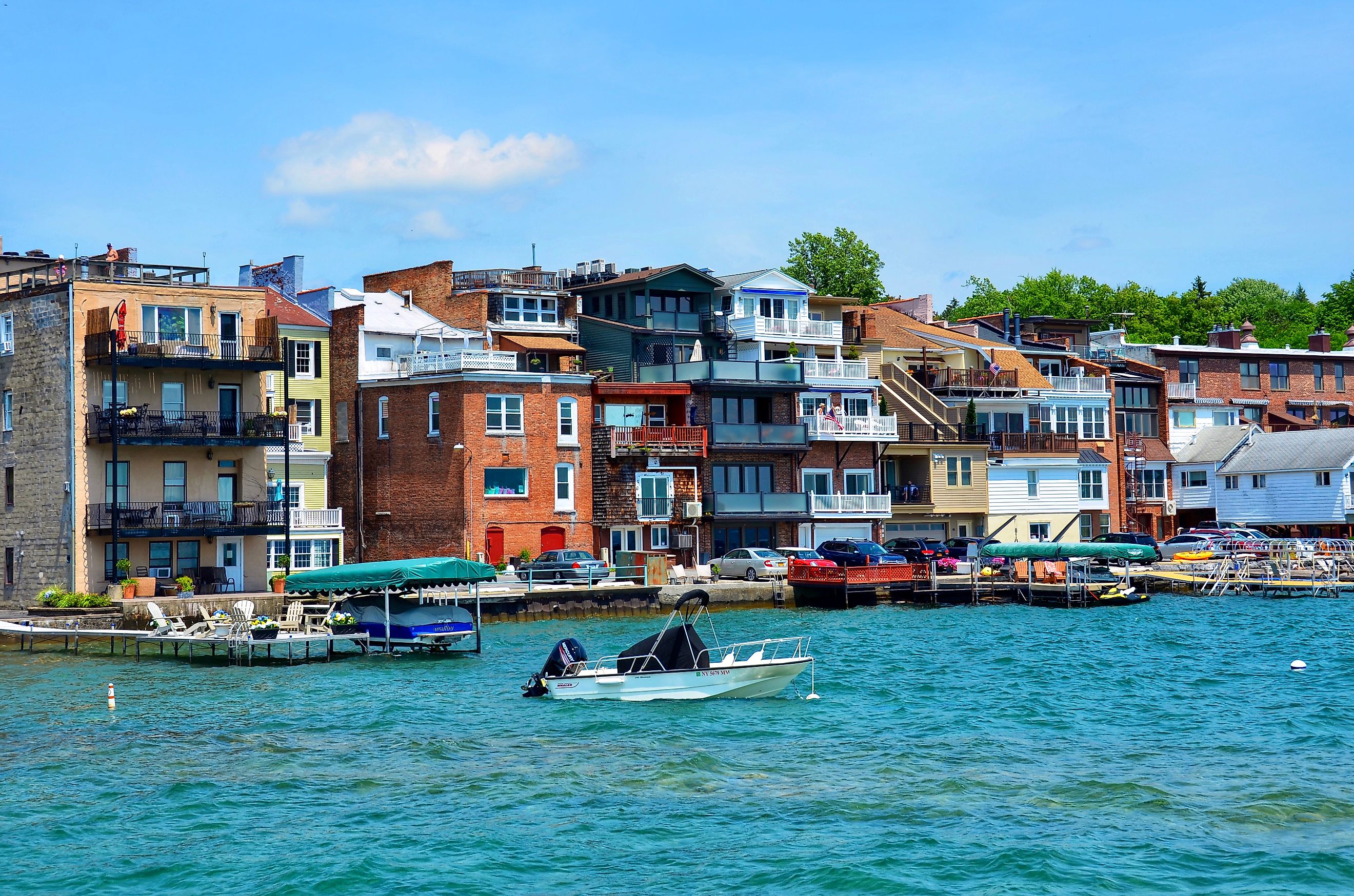 Shops and Restaurants on Skaneateles Lake in upstate New York, view from the pier.