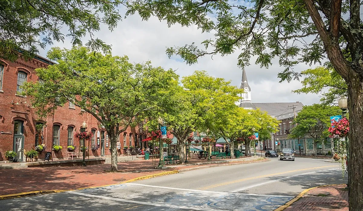 Downtown with historic brick mill buildings, Amesbury, Massachusetts. Image credit Heidi Besen via Shutterstock