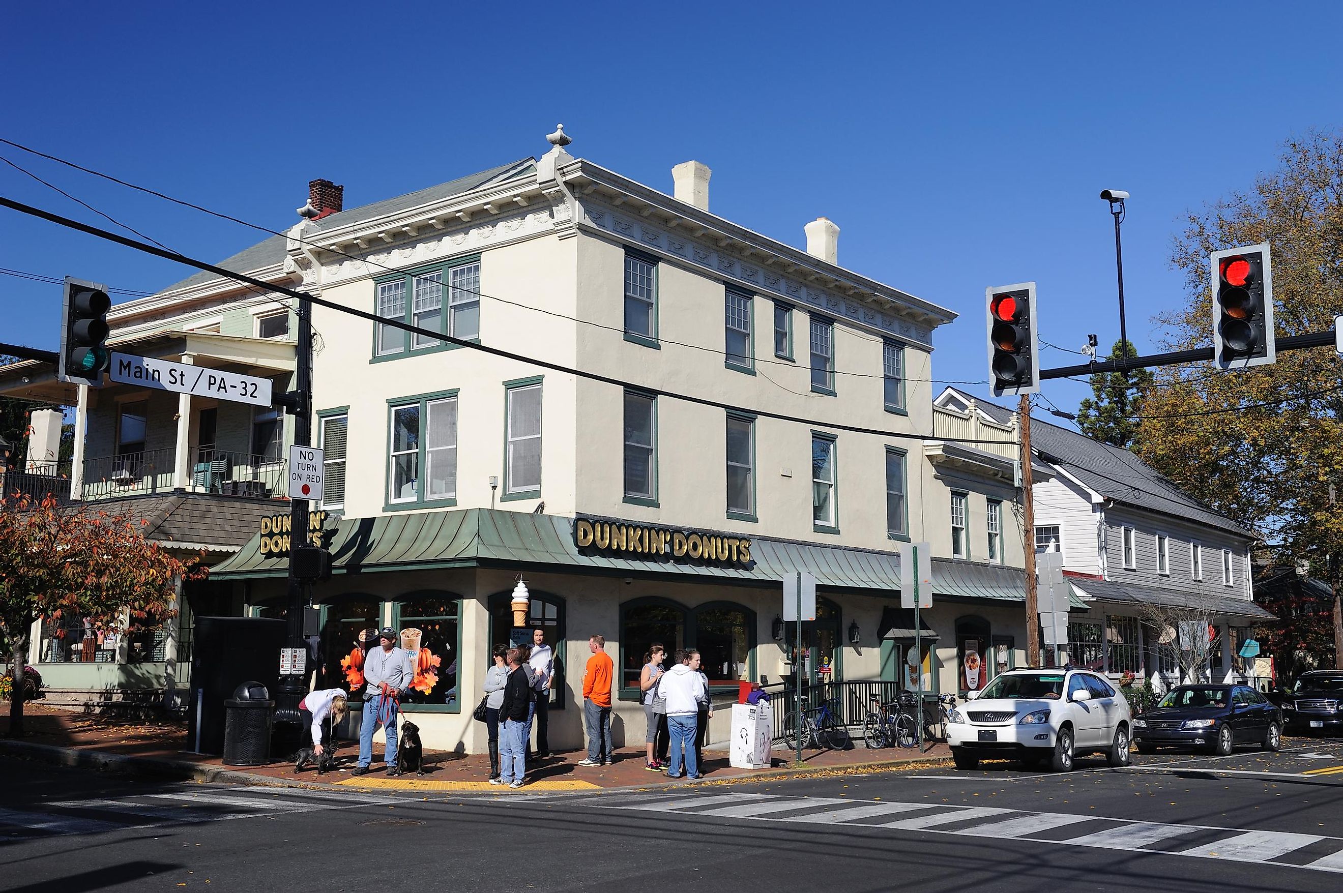 People outside Dunkin' Donuts on Main Street in the village of New Hope, Pennsylvania