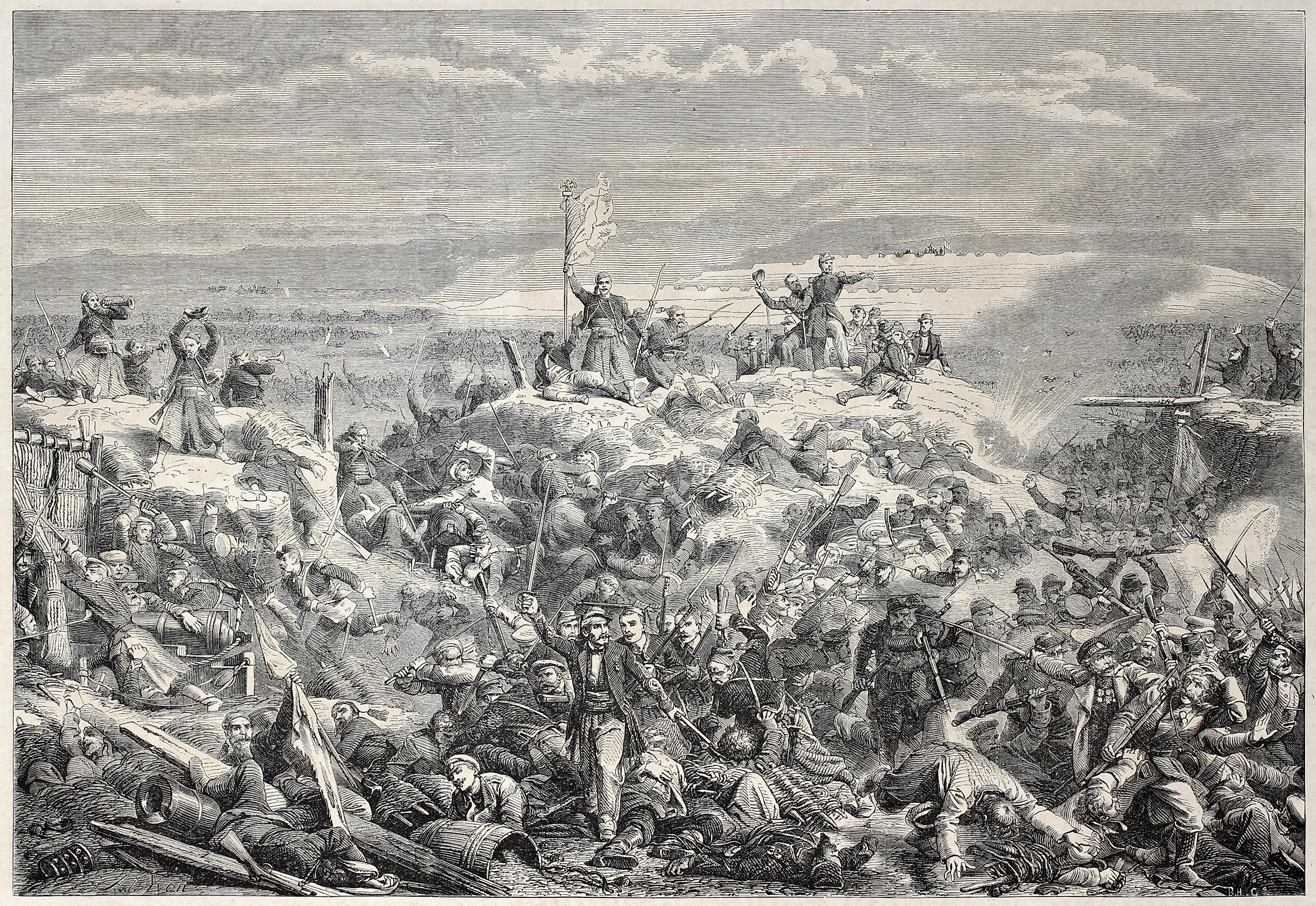 Old illustration of the taking of Malakoff by French army during Crimean war