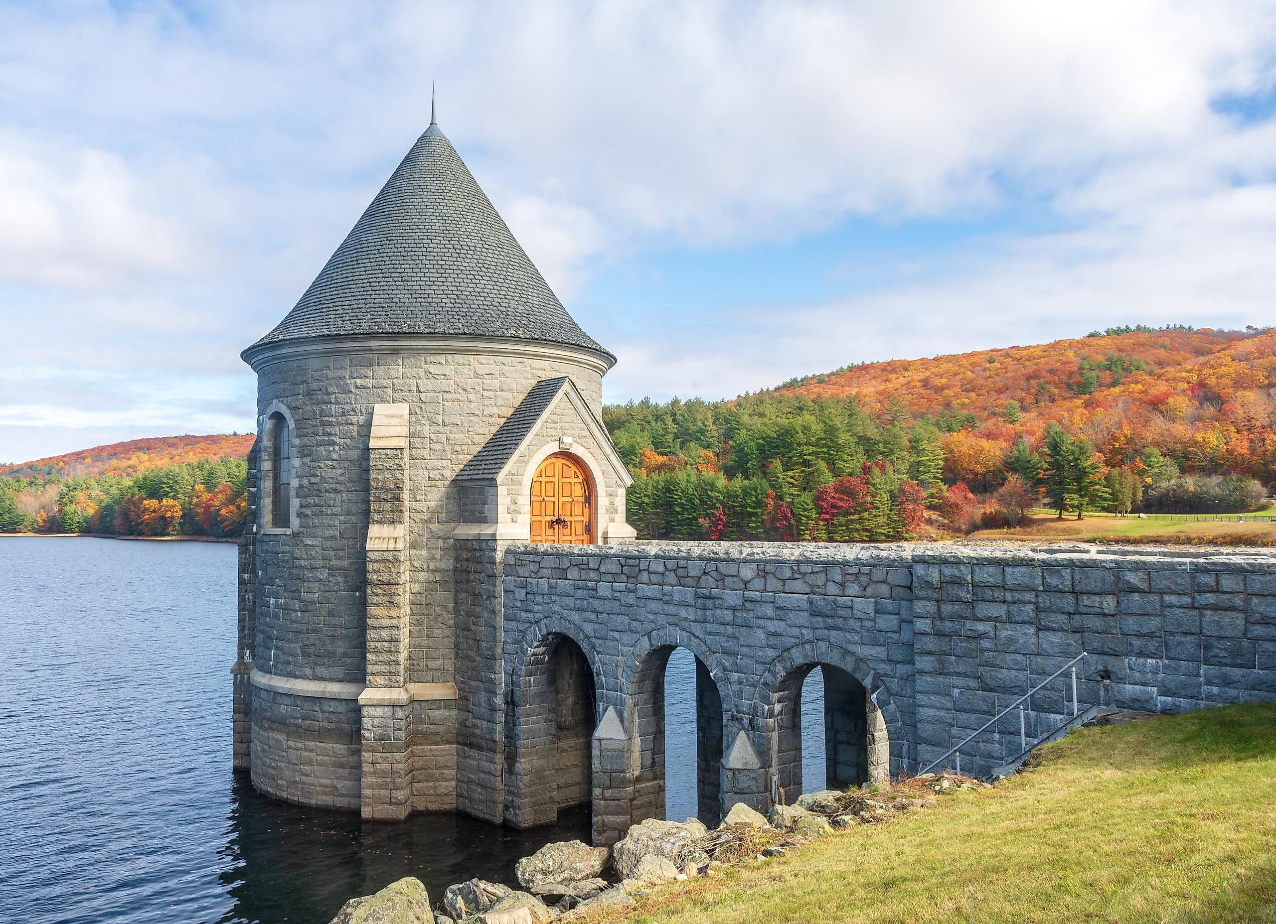 View of the Saville Dam, a landmark in Barkhamsted, Connecticut, located in Litchfield County, New England.