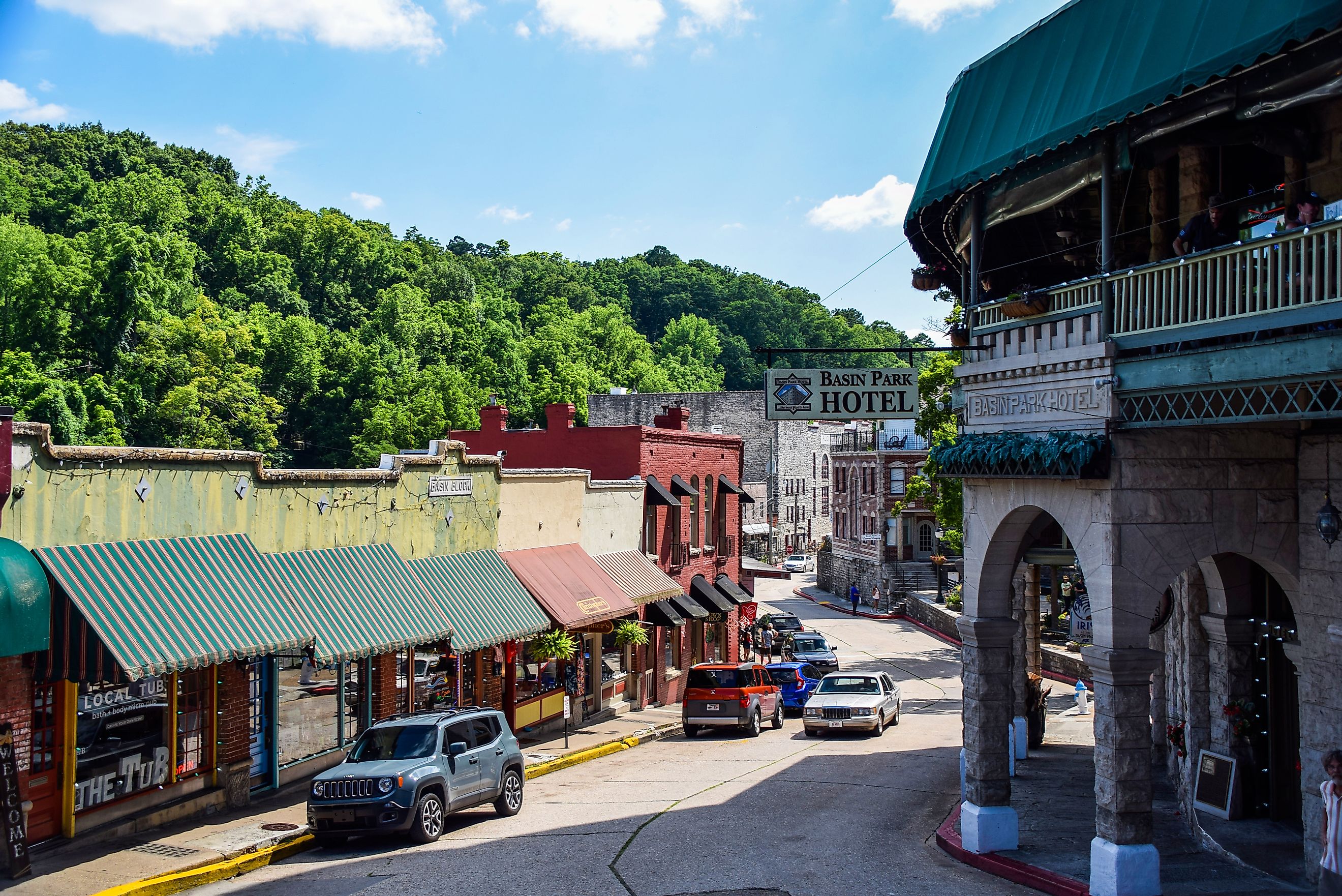 Historic downtown Eureka Springs, Arkansas, with boutique shops and famous buildings.