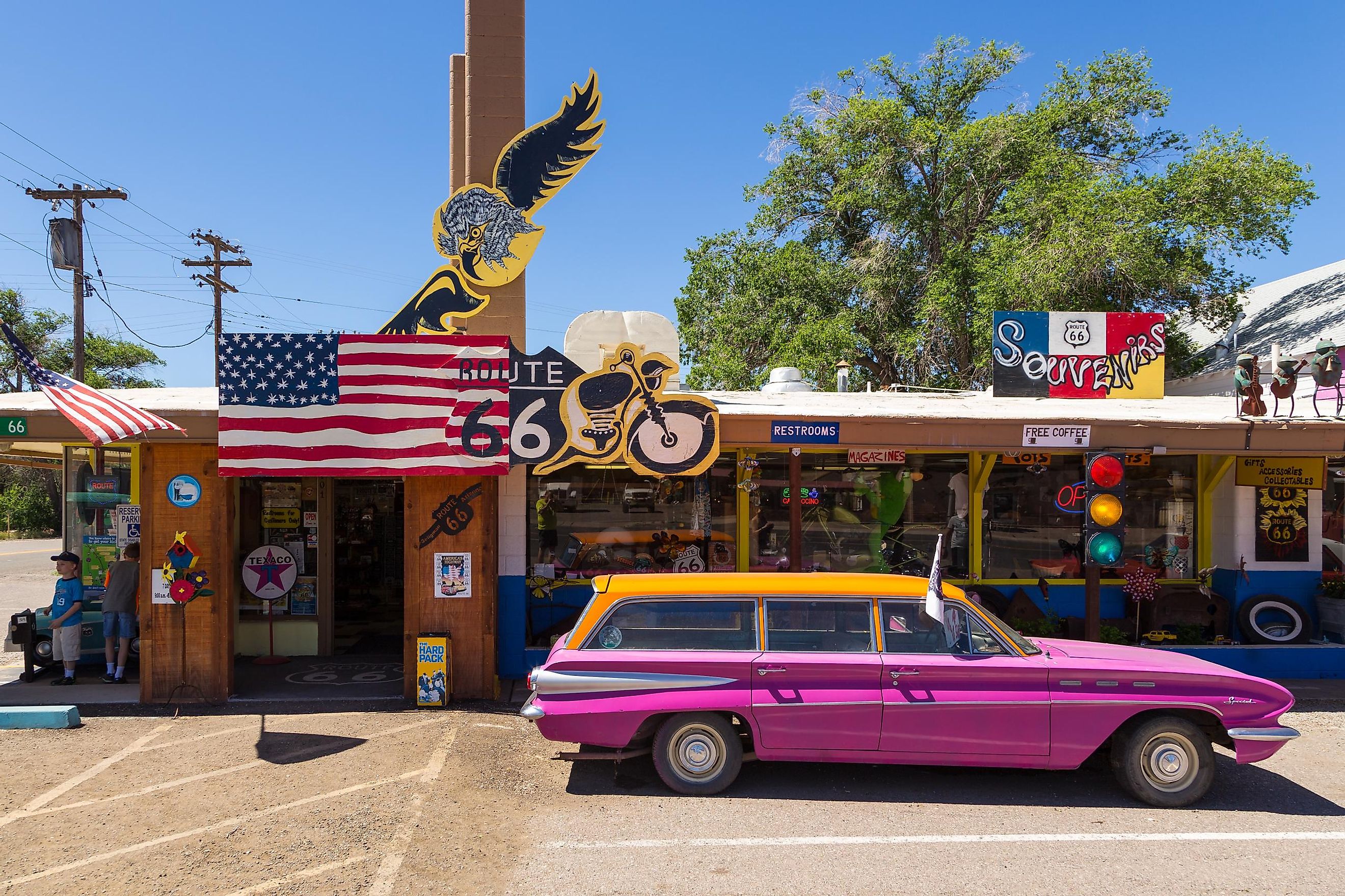 Seligman, Arizona: Old, antique car parked on the legendary Route 66