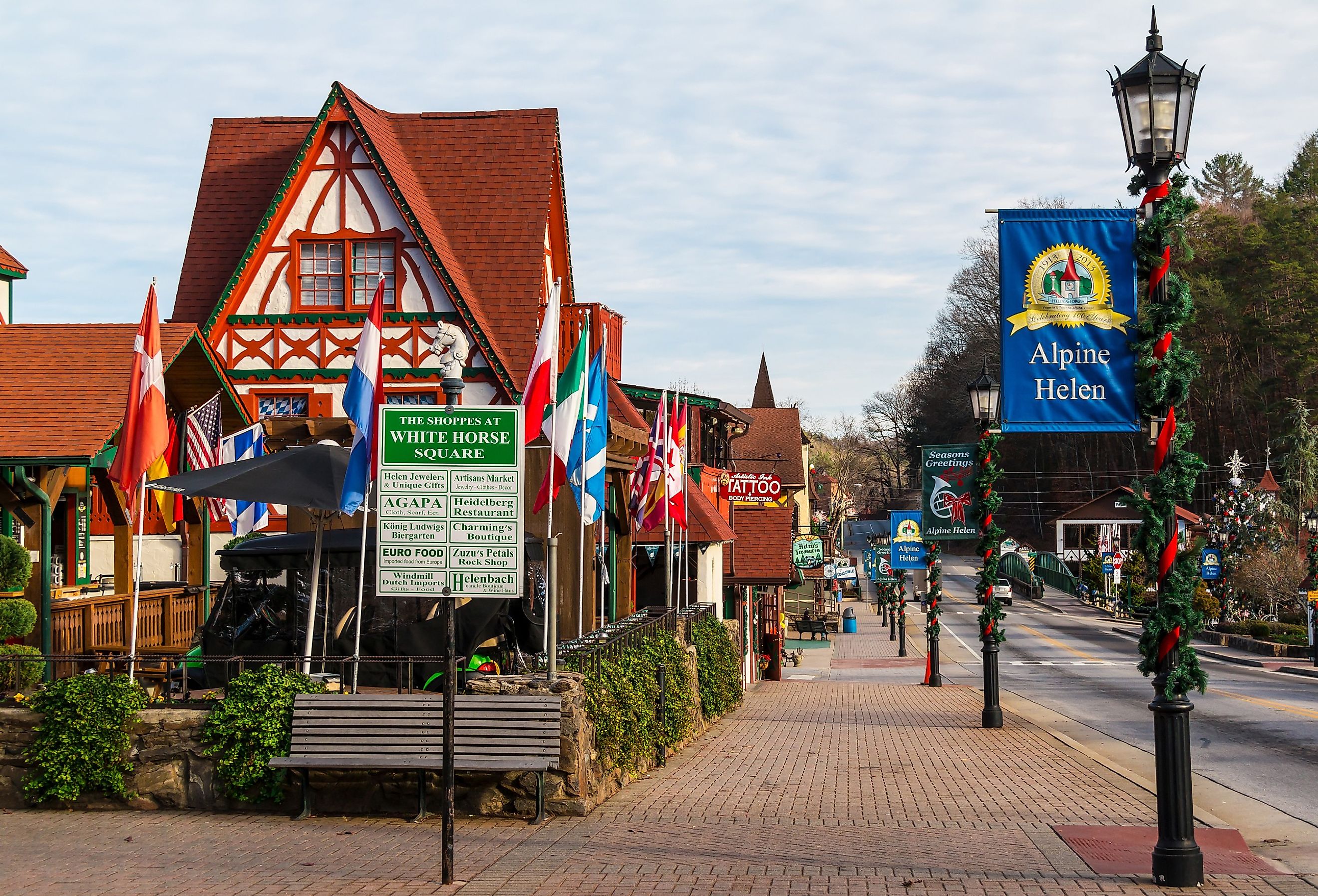 View of the Main street and the White Horse Square with Christmas decorations in Helen, Georgia.