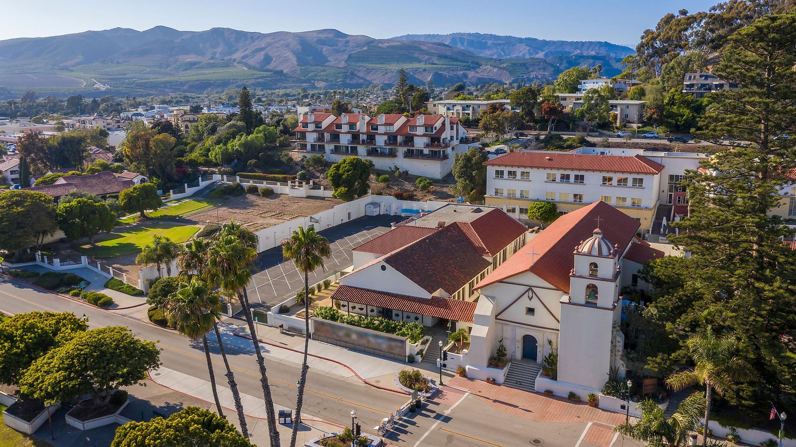 View of the historic Spanish Colonial era Mission San Buenaventura in Ventura, California