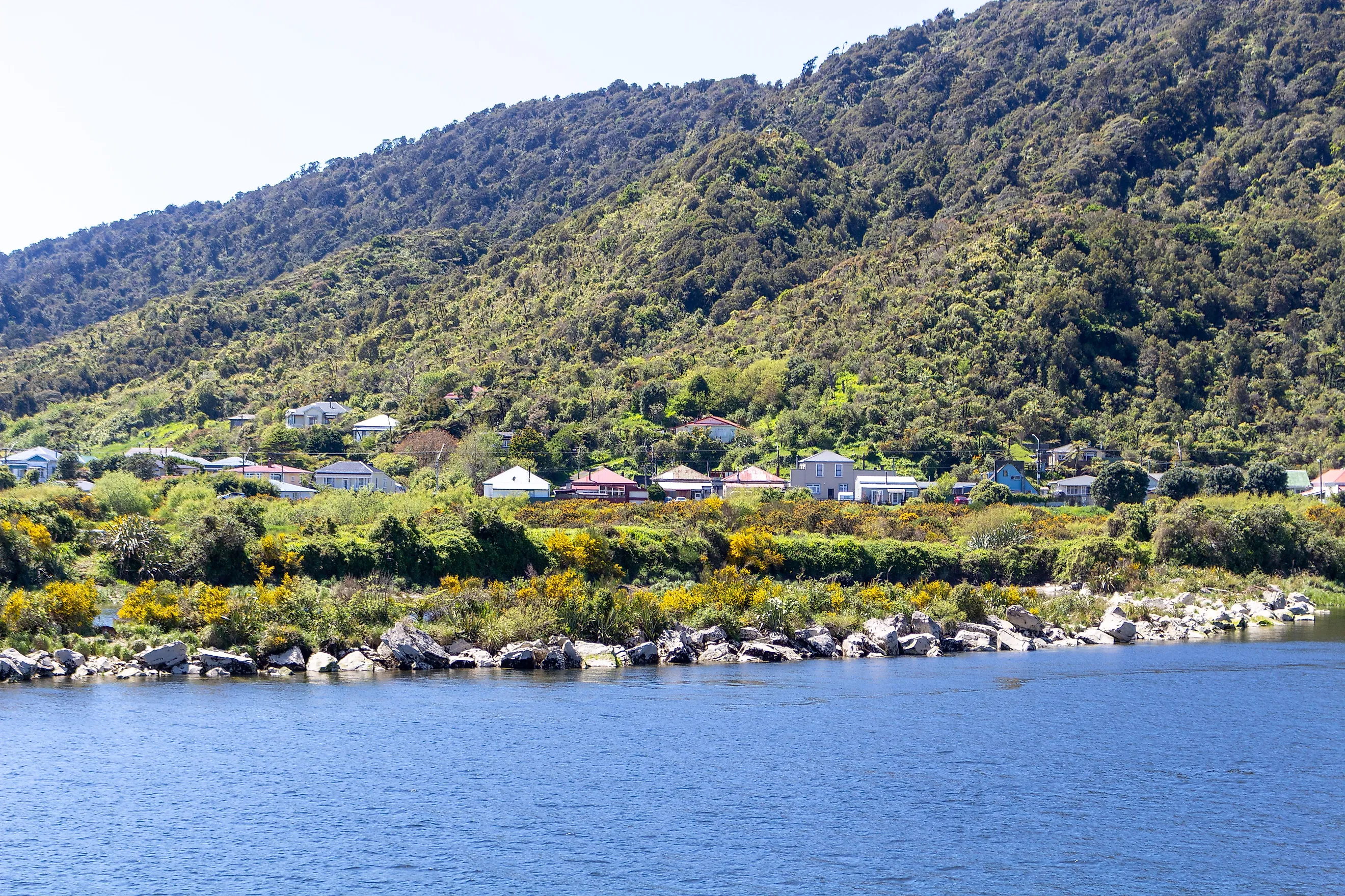 Charming houses sit near the Grey River in Greymouth, New Zealand.