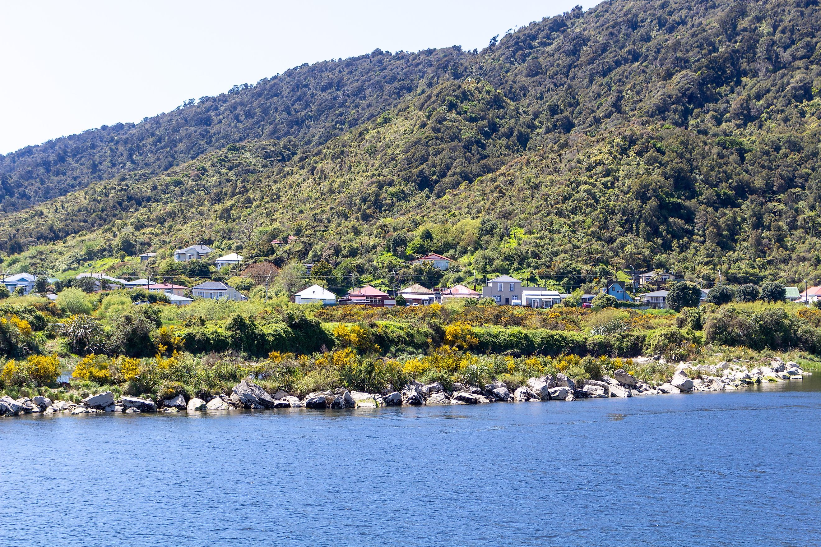 Charming houses sit near the Grey River in Greymouth, New Zealand.
