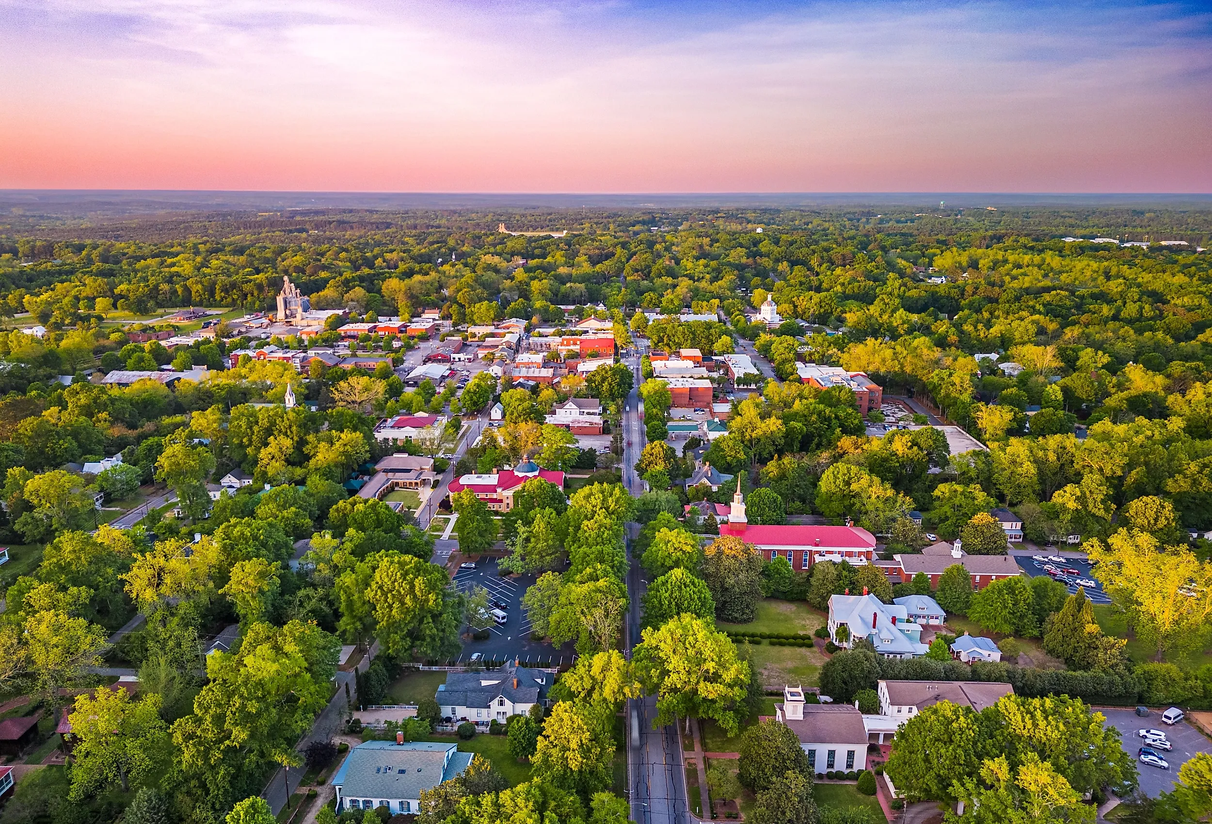 Madison, Georgia, overlooking the downtown historic district at dusk.
