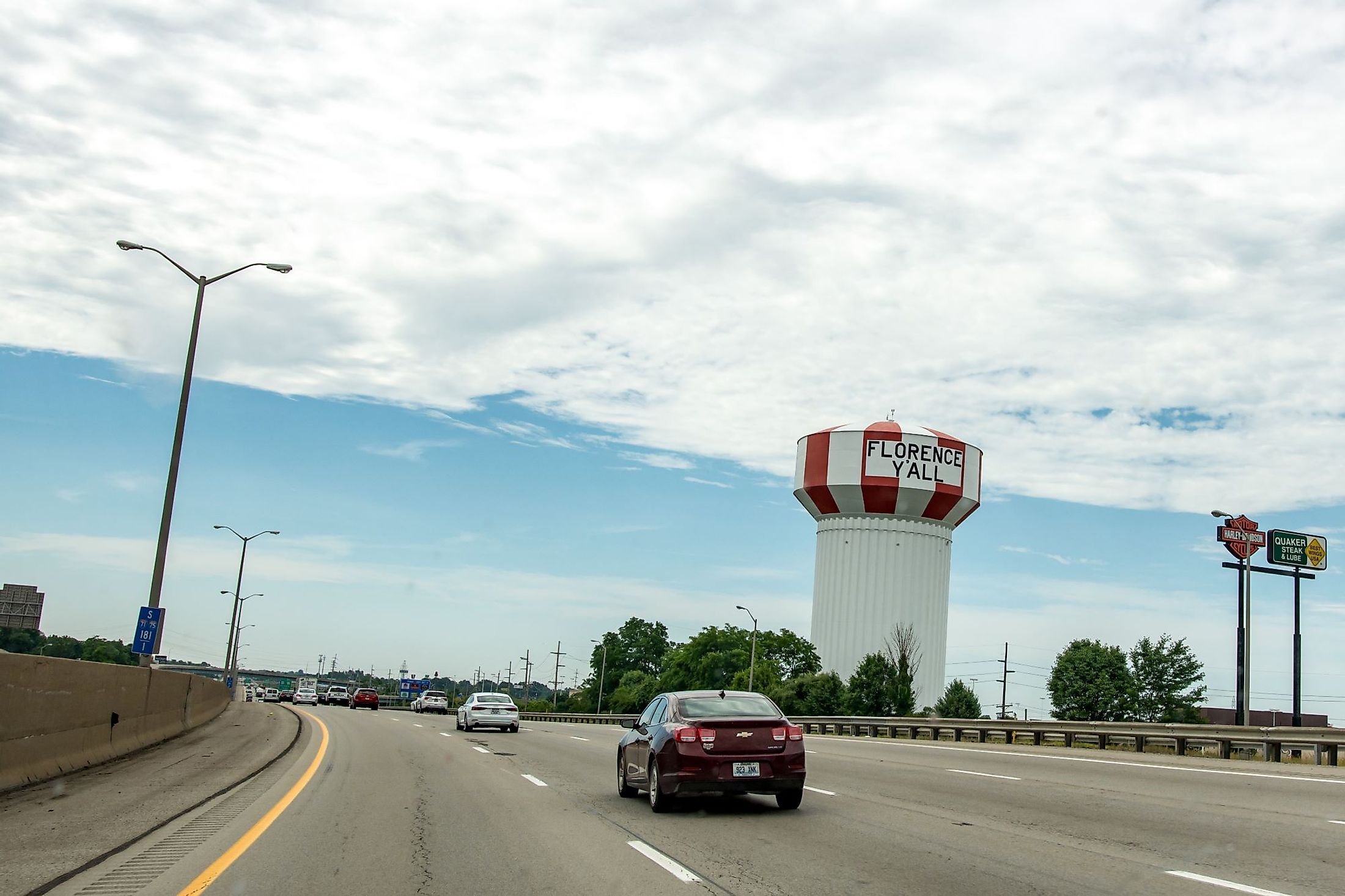 Traveling south on Interstate 71 past Florence's iconic water tower landmark. Editorial credit: JNix / Shutterstock.com