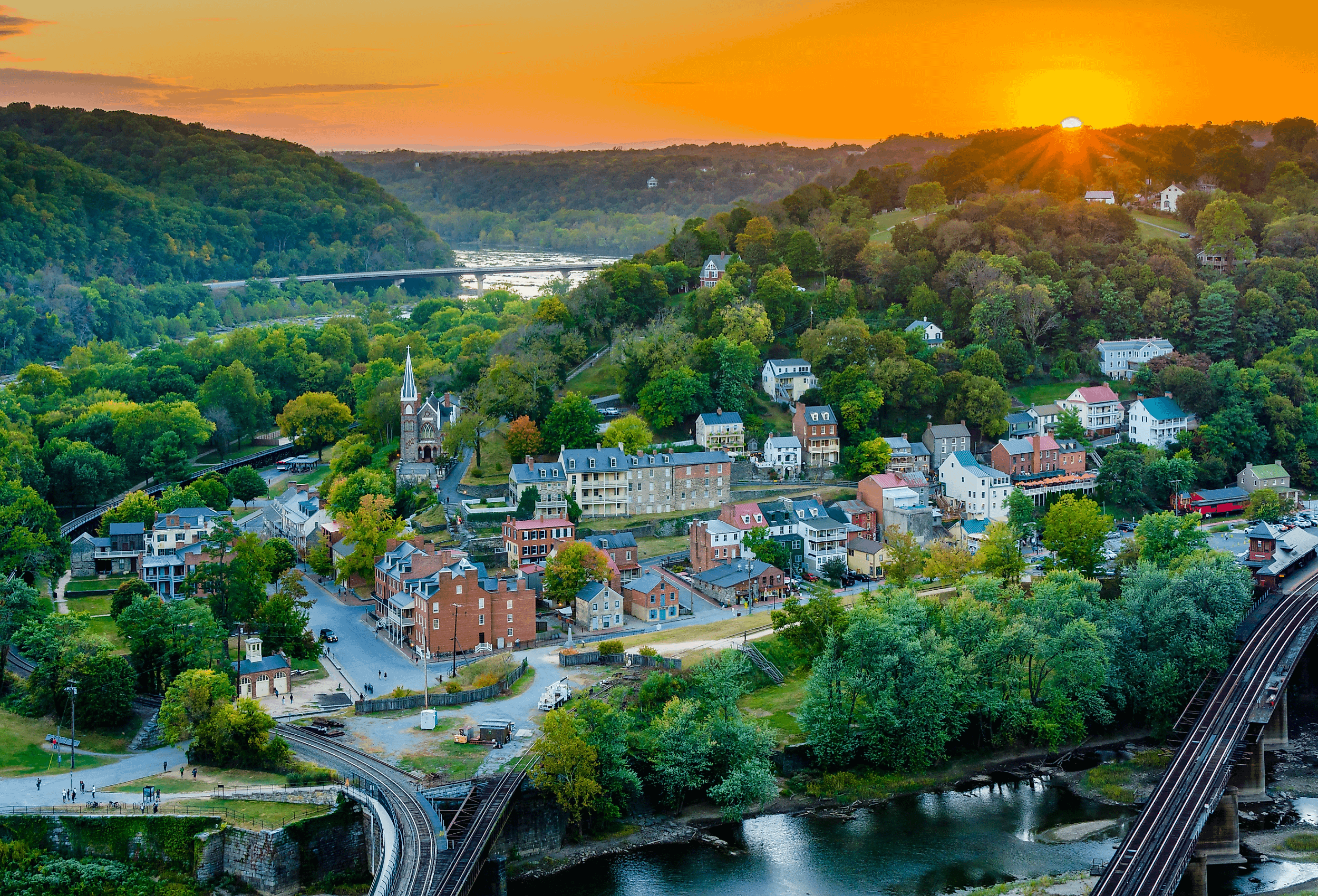 A sunset view from Maryland Heights, overlooking Harpers Ferry, West Virginia.