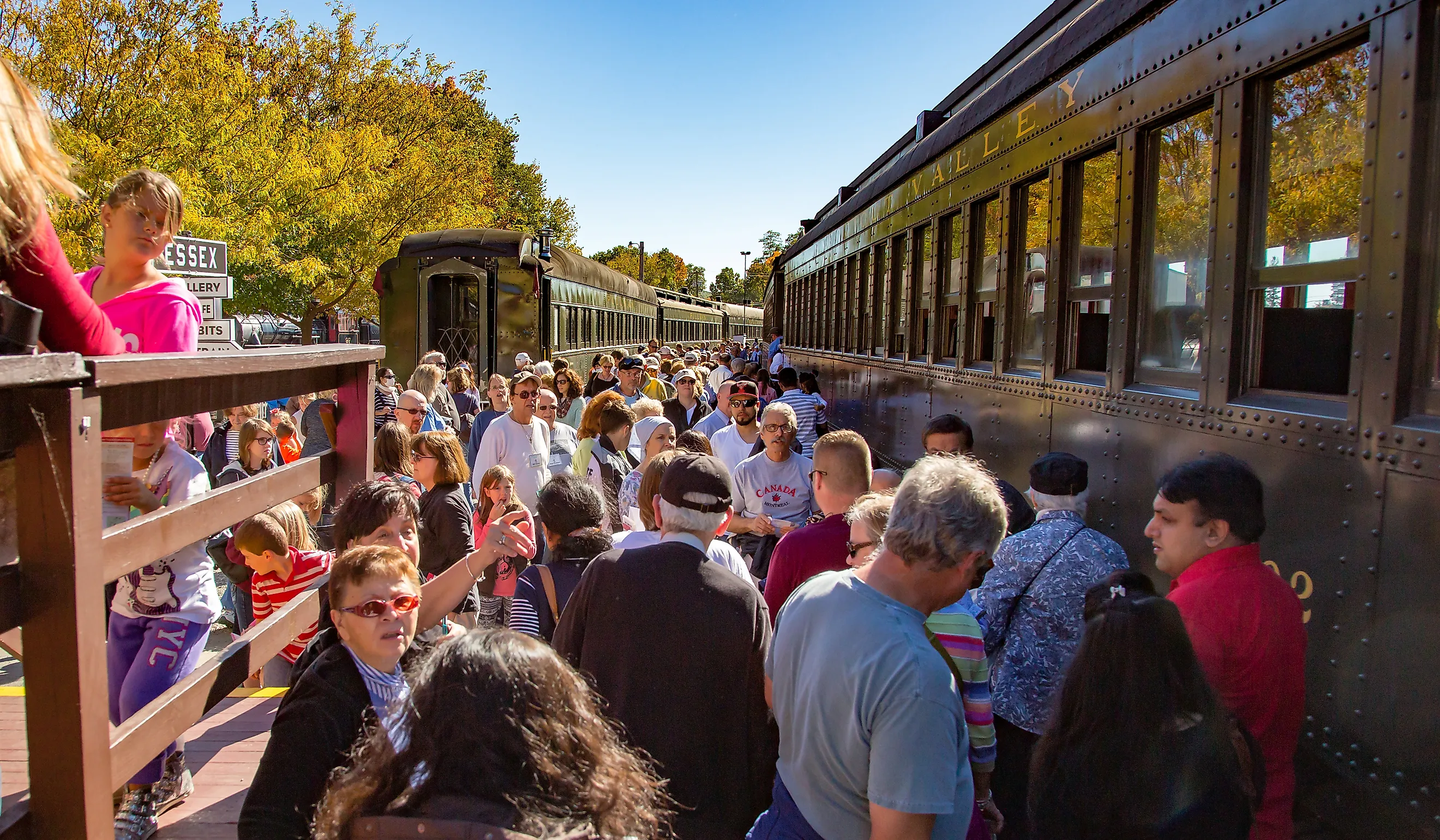 Tourists preparing to board the he Connecticut Valley Railroad Company operates the Essex Steam Train. Editorial credit: Bob Pool / Shutterstock.com