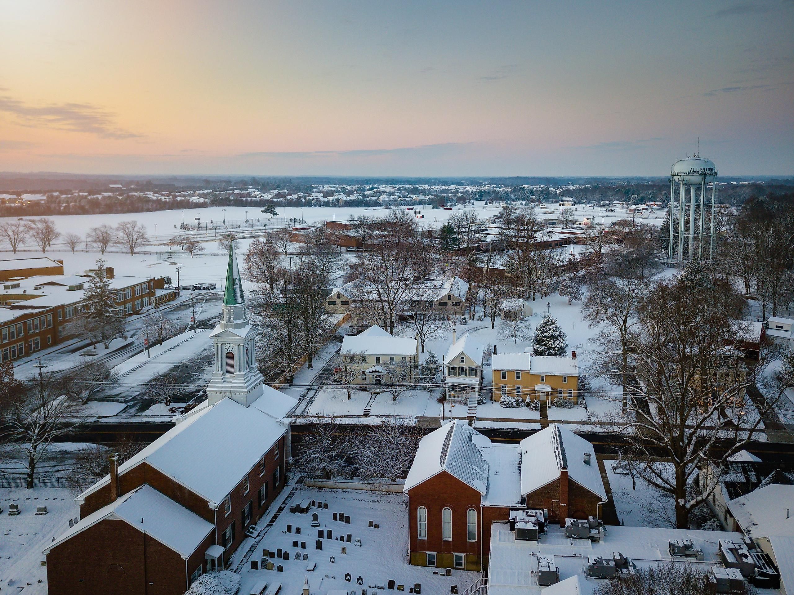 Allentown, New Jersey, with snow covered roofs. 