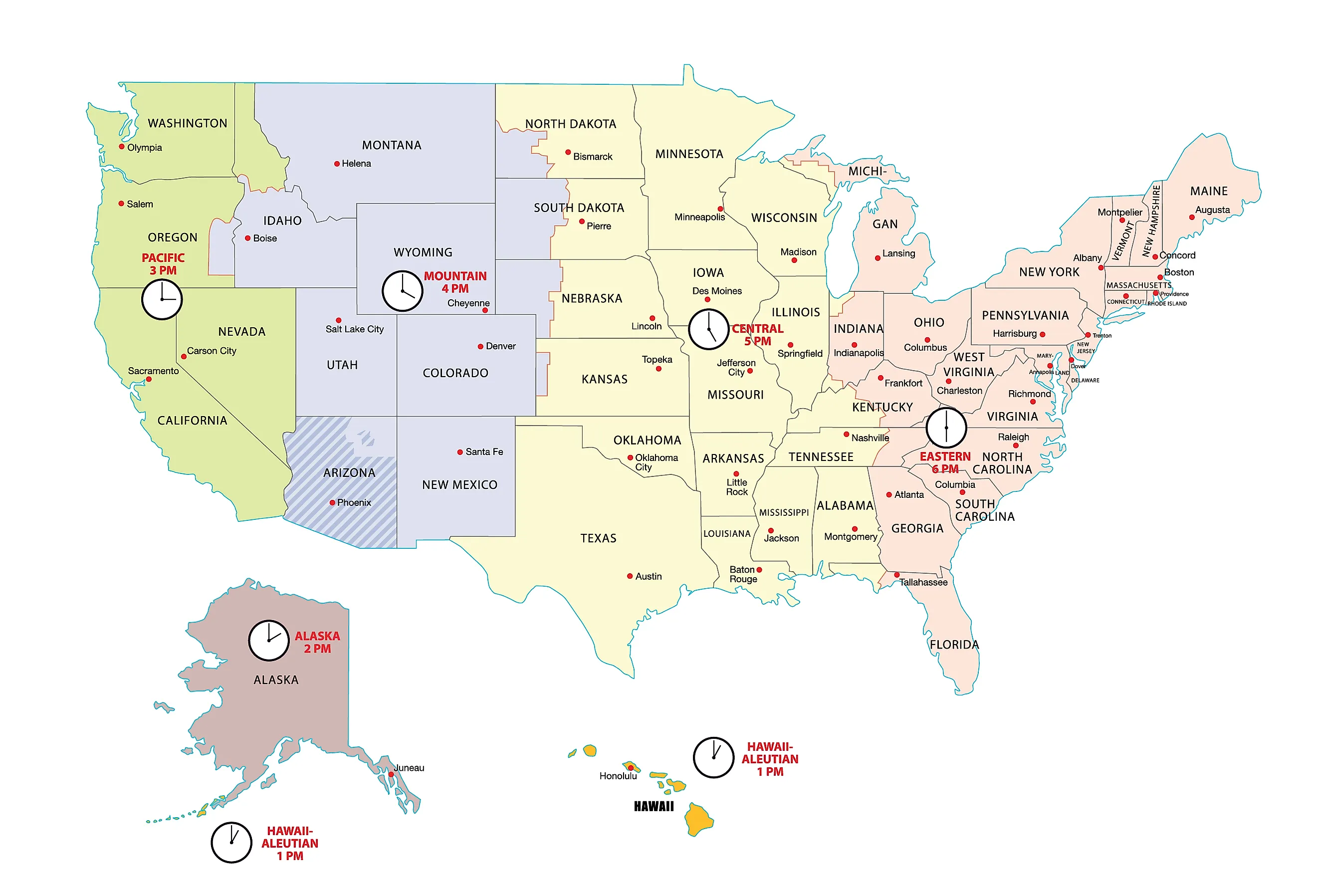 A map showing the time zones used in the 50 states. 