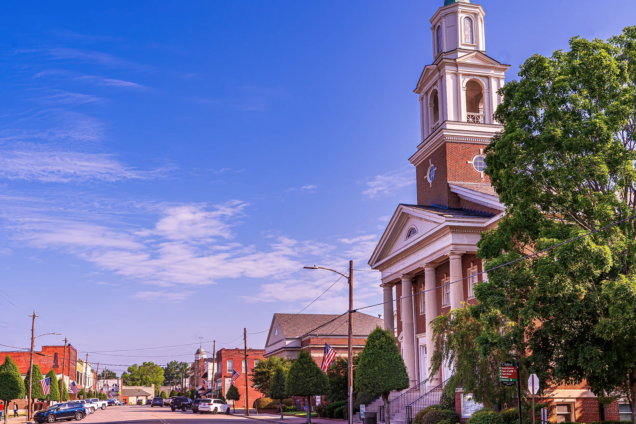 The Oxford Baptist Church on the Oxford Main Street, North Carolina. Image by Wildeydoc via Shutterstock. 