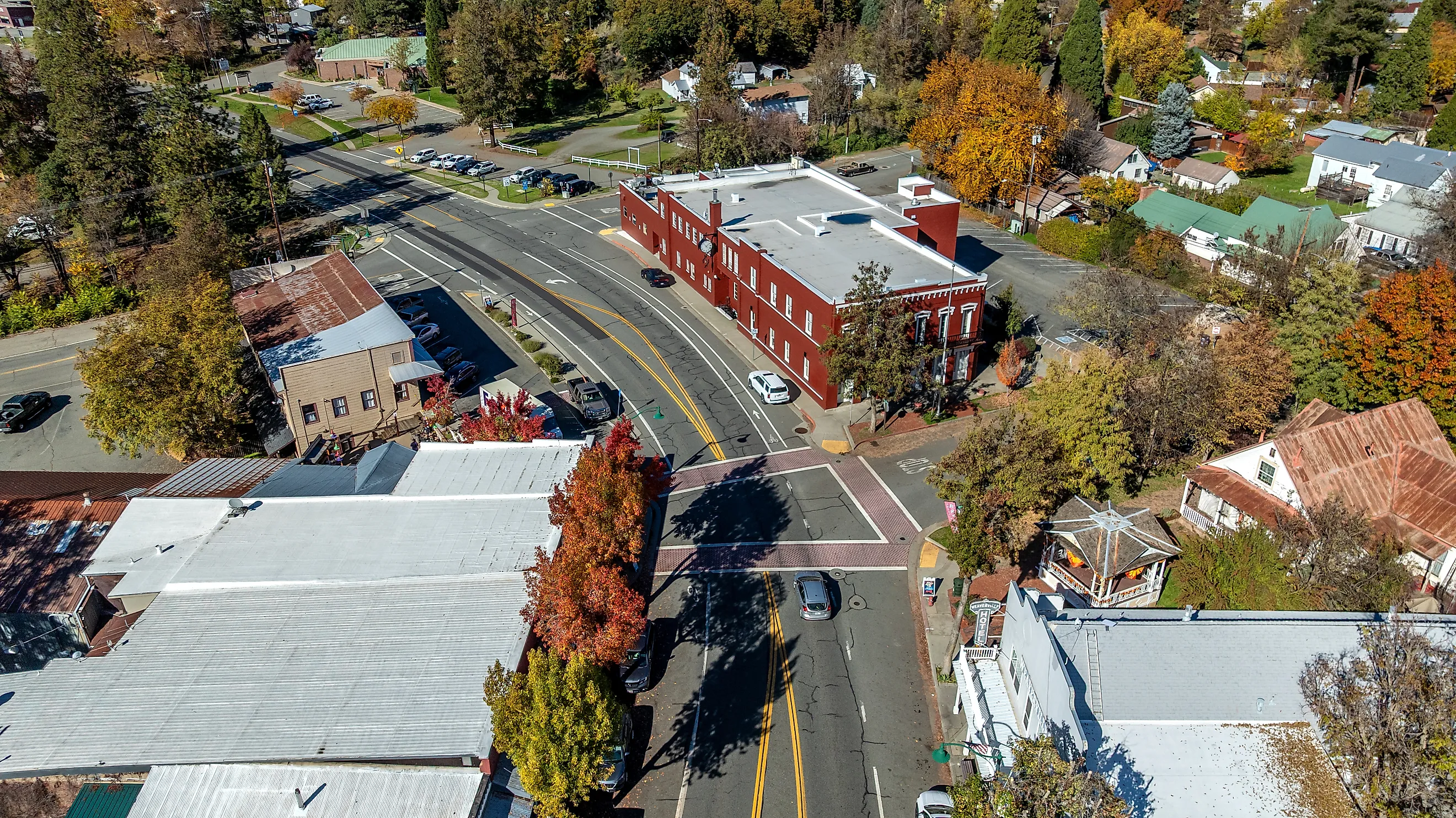 High angle view of downtown Weaverville, California.