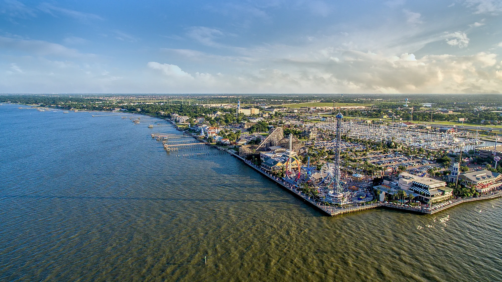 Flying over the Kemah Boardwalk in Kemah.