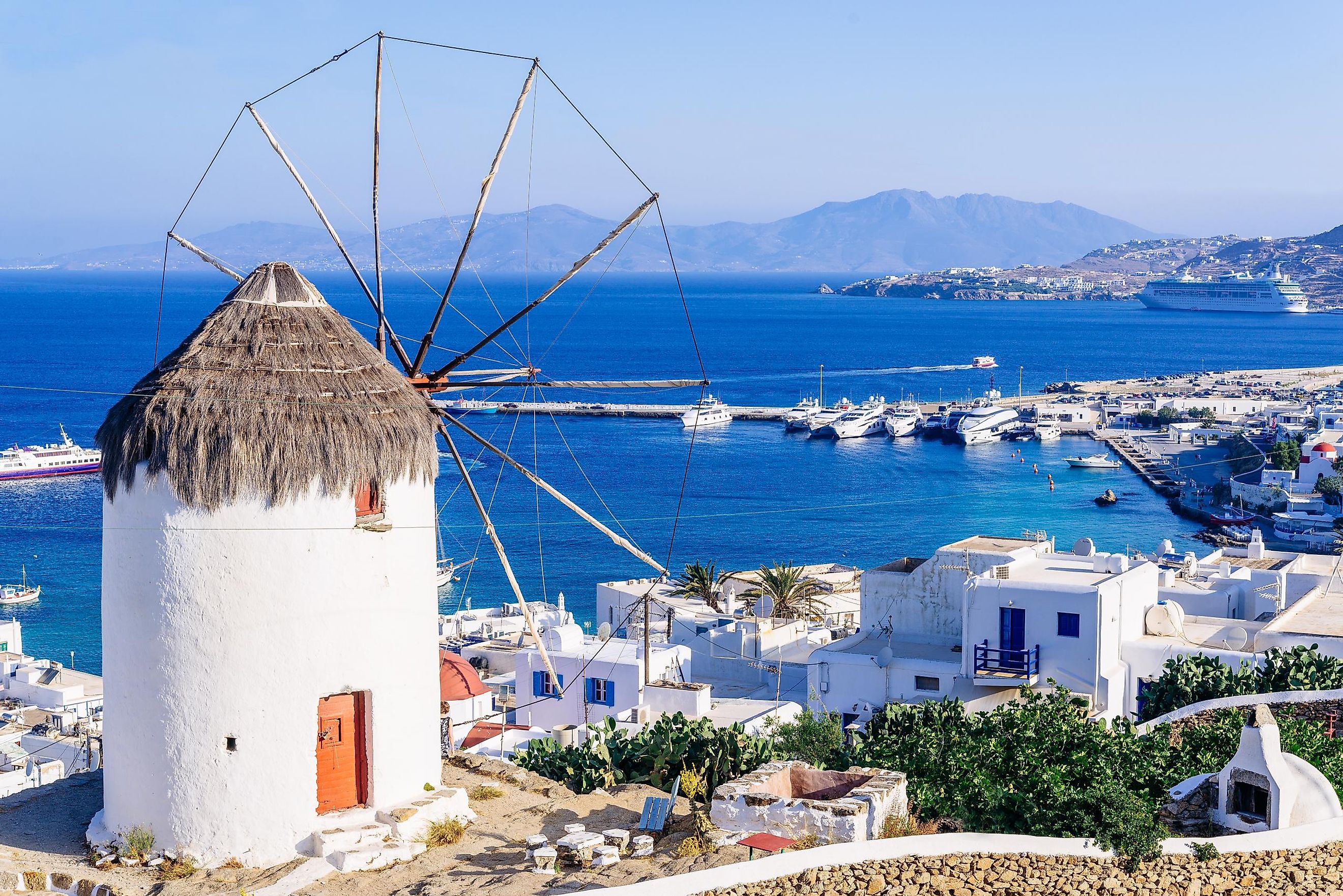 View of Mykonos and the famous windmill from above, Mykonos island, Cyclades, Greece.