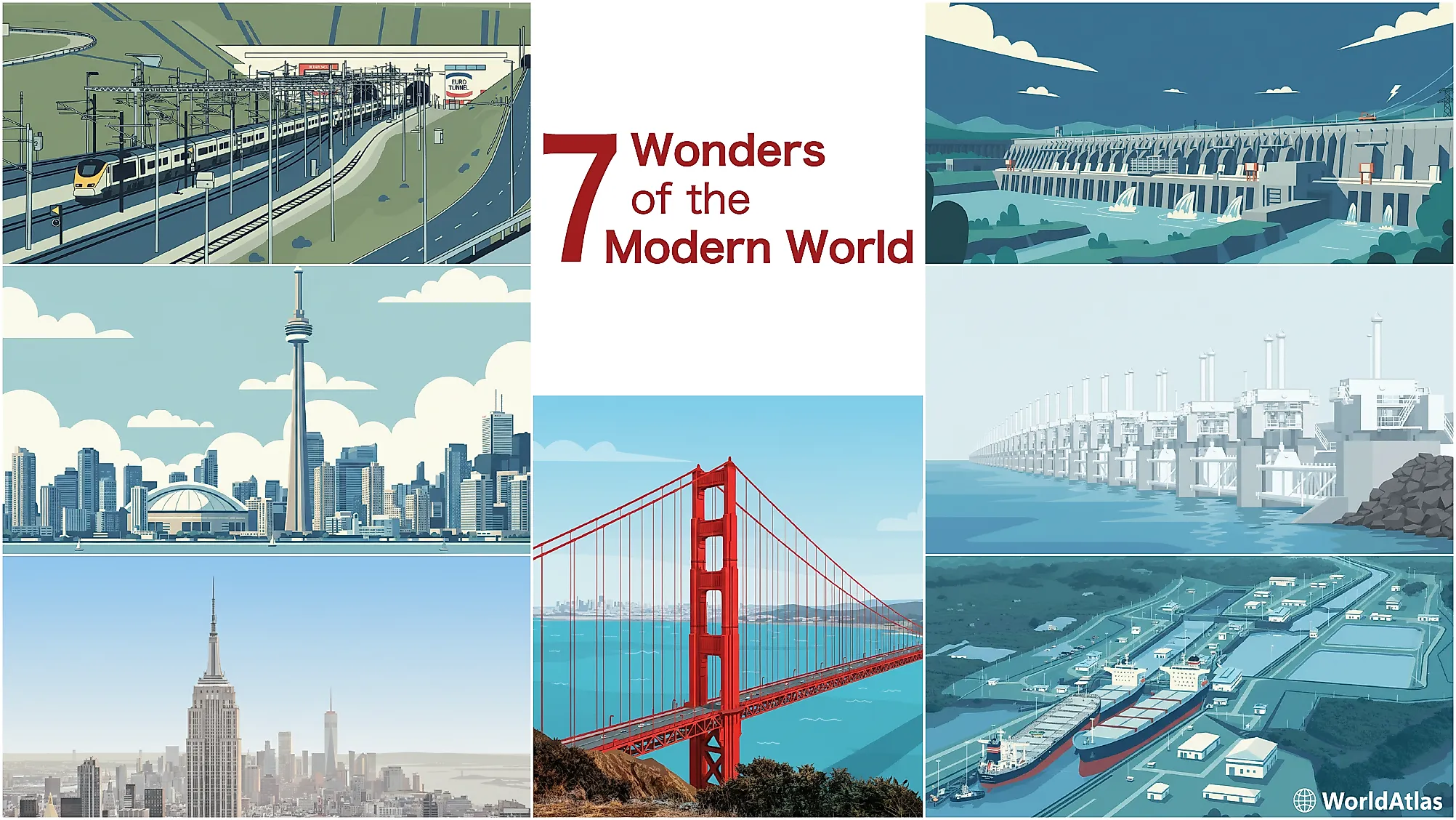 Infographic showing the 7 wonders of the modern world