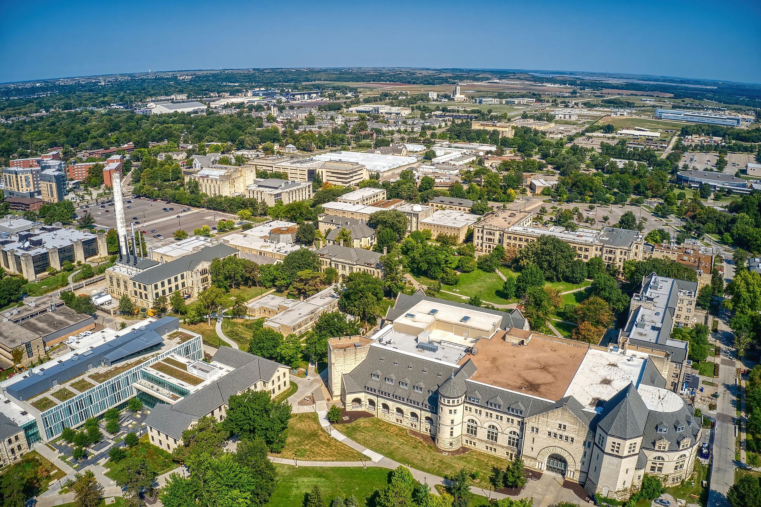 Aerial view of a university in Manhattan, Kansas.