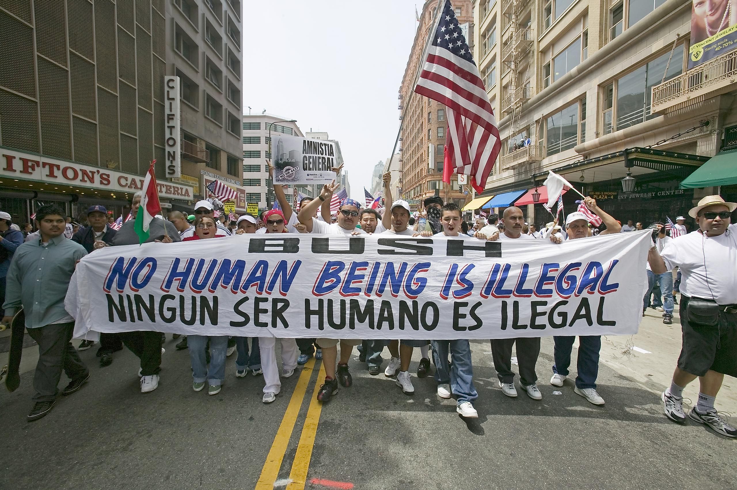 Hundreds of thousands of immigrants participate in march for Immigrants and Mexicans protesting against Illegal Immigration reform by U.S. Congress, Los Angeles, CA, May 1, 2006. Image credit: Joseph Sohm/Shutterstock.com