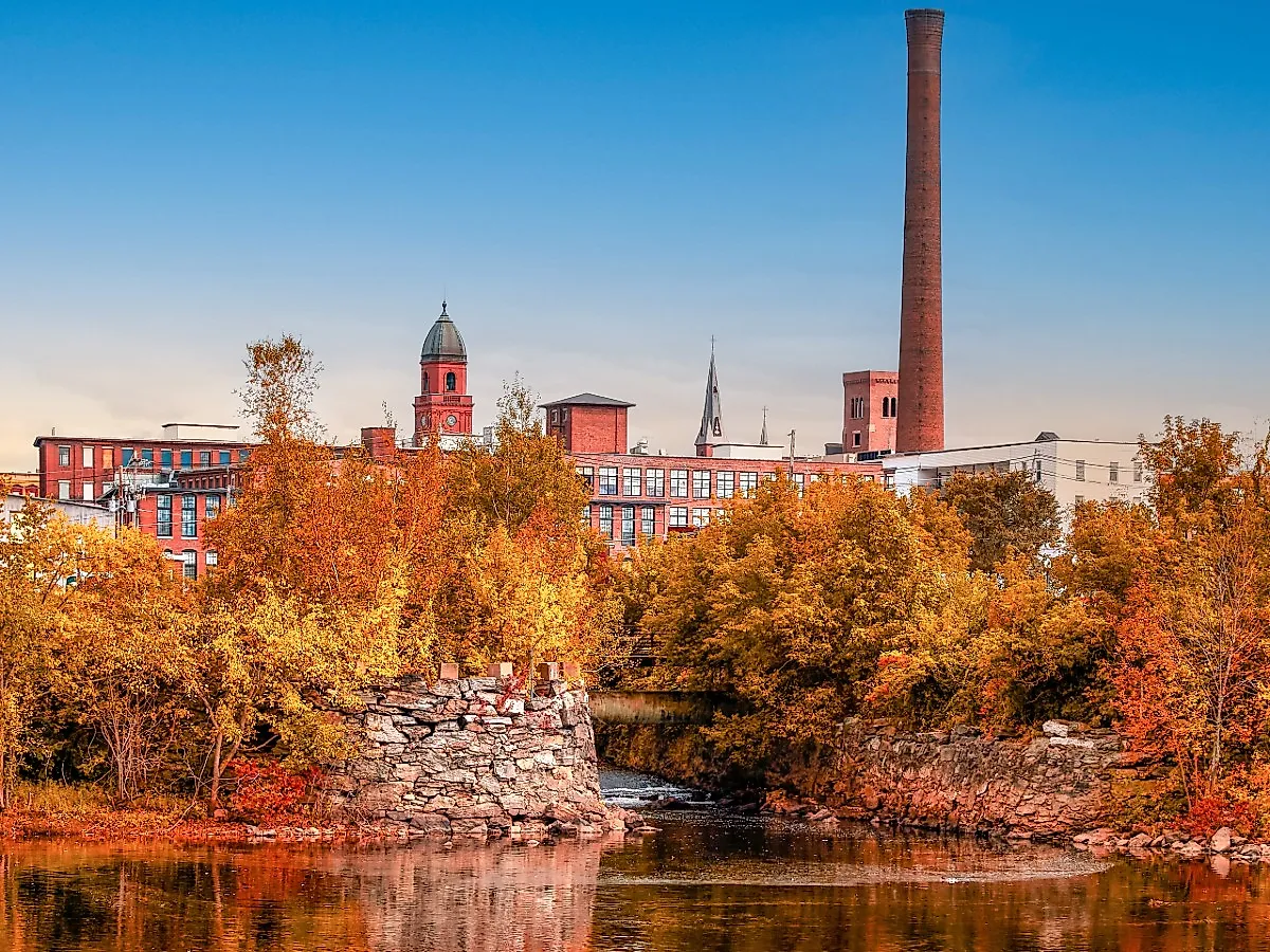 Old factory city in autumn, Lewiston, Maine.